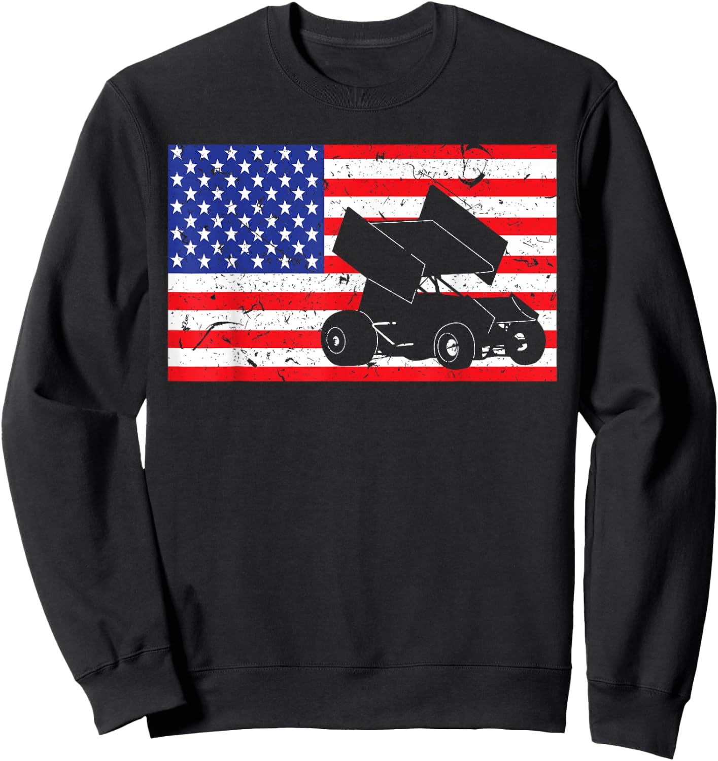 Distressed Sprint Car Racing USA American Flag Vintage Rider Girls Kids Men Sweatshirt - Sweatshirt | Black