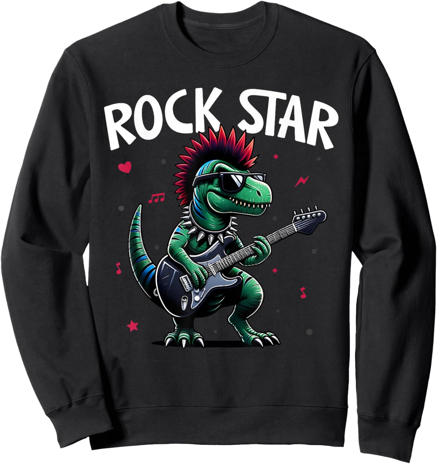 Rock Star Cute Punk Dinosaur, Goth Dino, Guitar Band Funny Sweatshirt - Sweatshirt | Black