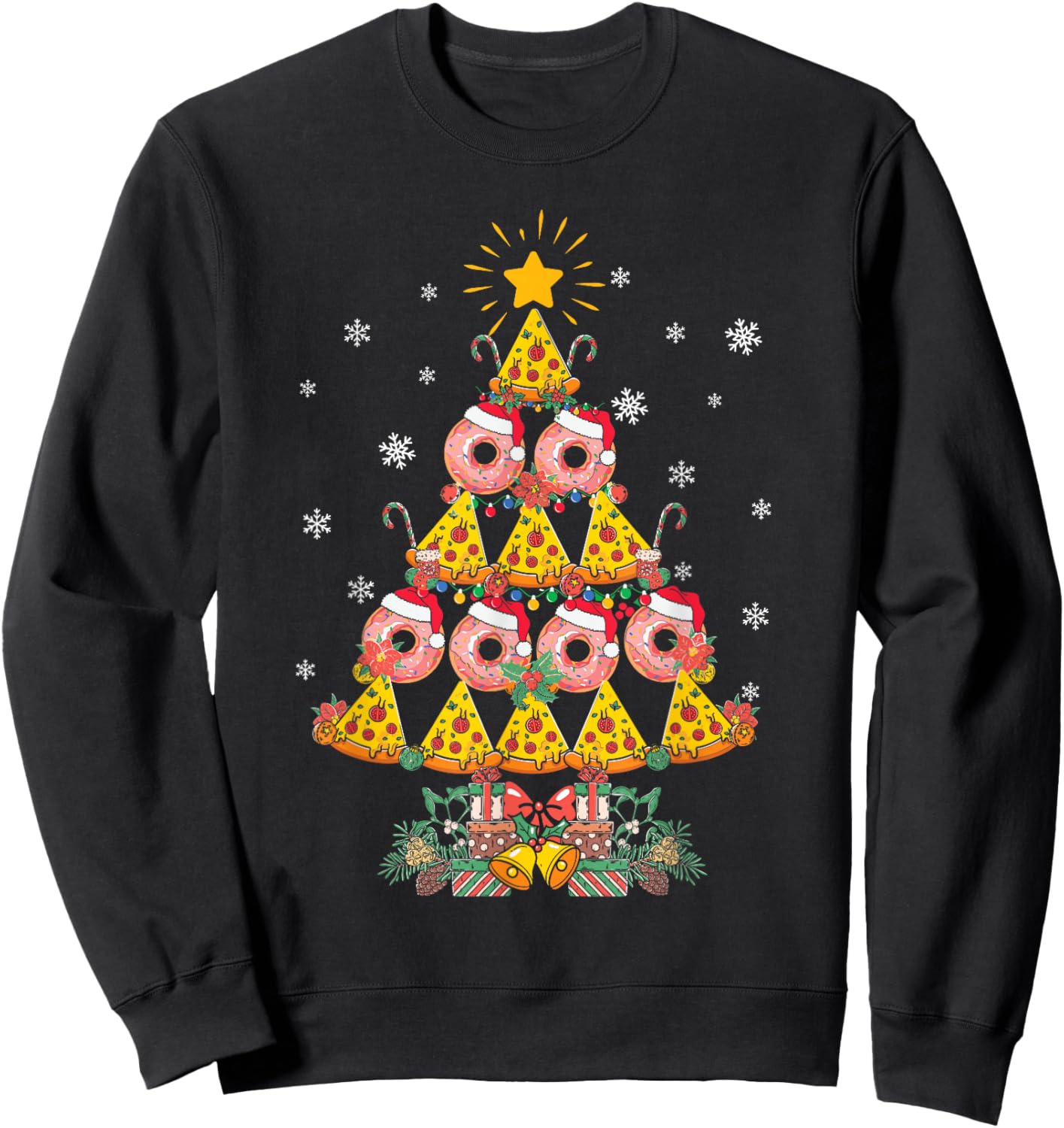 Pizza & Donut Funny Christmas Tree Merry Xmas Crustmas light Sweatshirt - Sweatshirt | Black