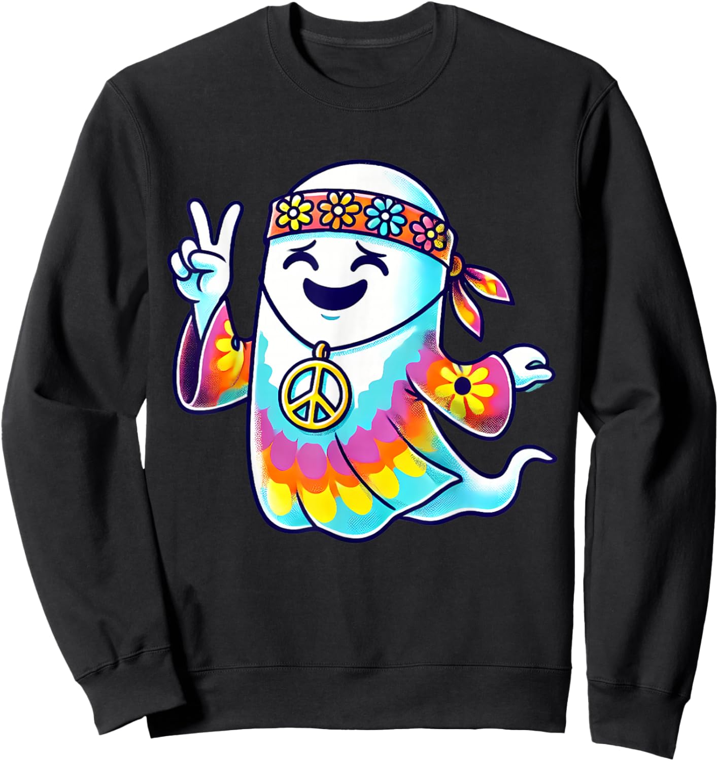Hippie Ghost Tie Dye Flowers Halloween Men Women Kids Sweatshirt - Sweatshirt | Black