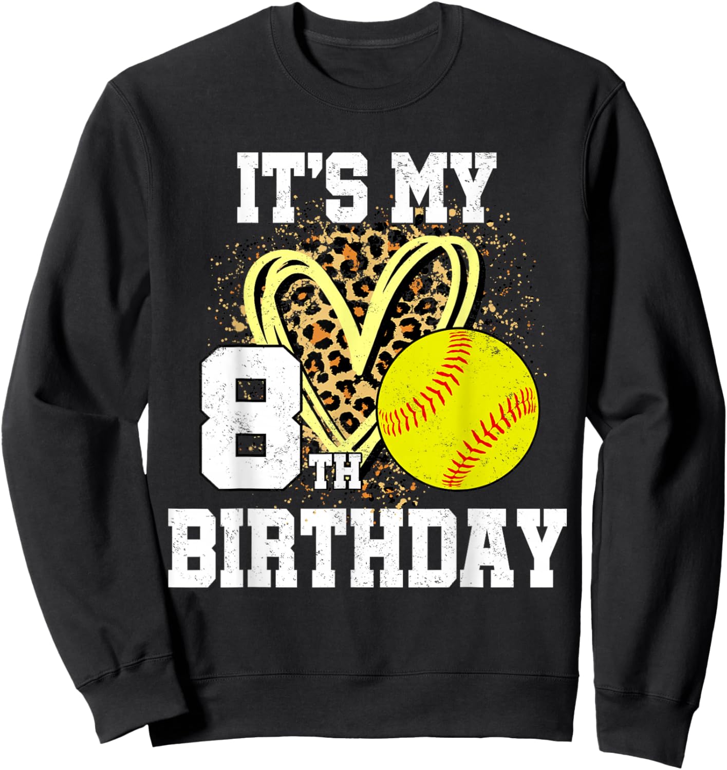 It's My 8th Birthday Softball Leopard 8 Year Old Birthday Sweatshirt - Sweatshirt | Black