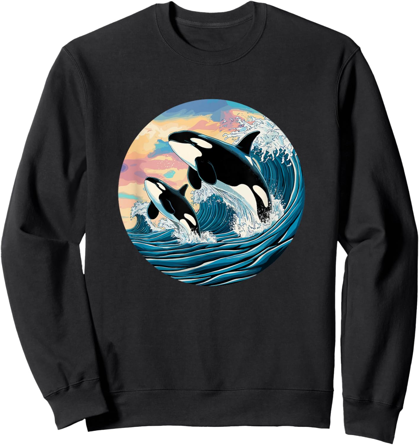 Orca Wave Ocean Sunset Marine Life Fan Outfit Kids Black Small Modern Cartoon Orca Jumping Waves Ocean Sunset Marine Life Enthusiast Sweatshirt - Sweatshirt | Black