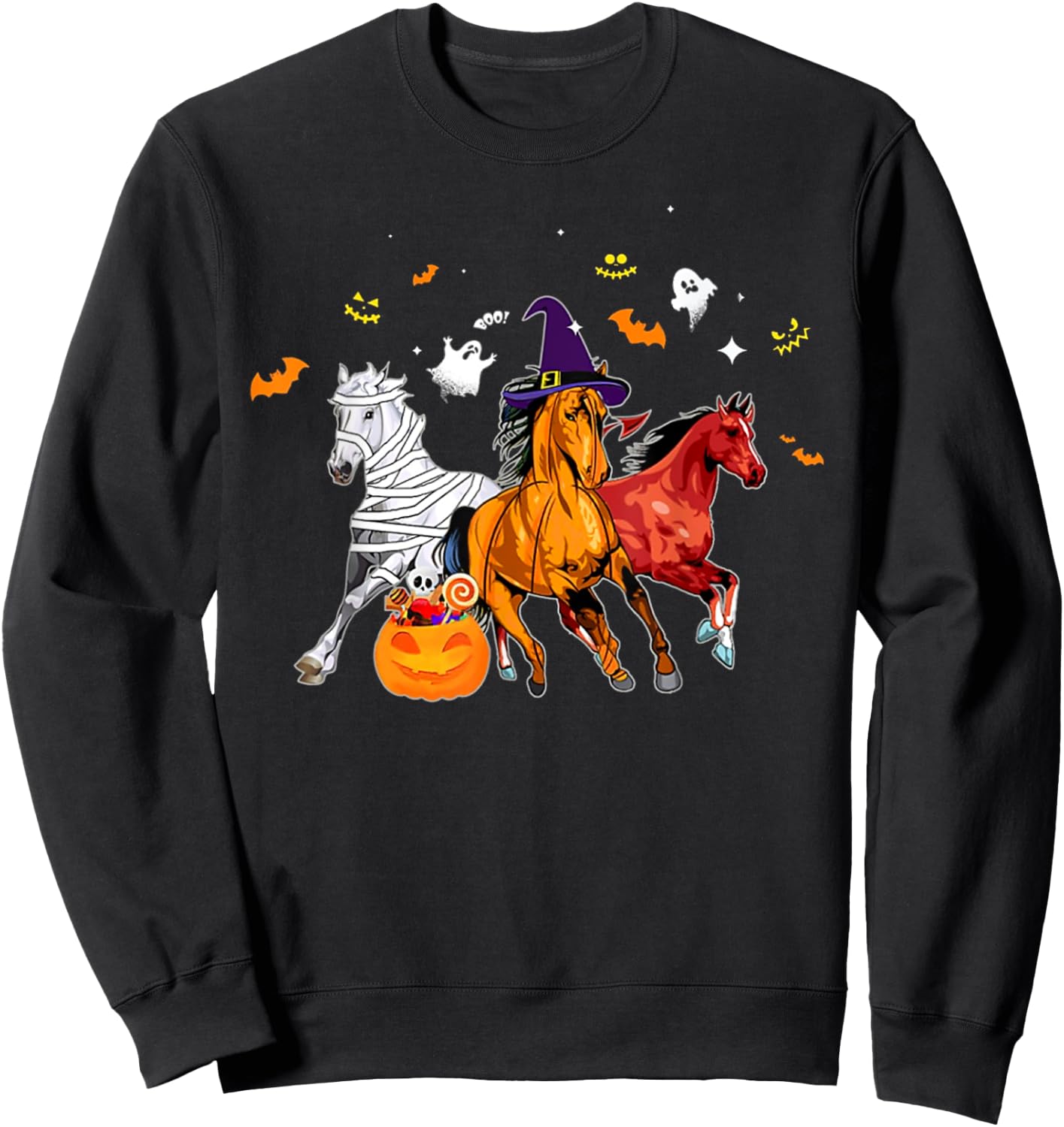 Cute Horse In Halloween Costume Horse Zombie Witch Pumpkin Sweatshirt - Sweatshirt | Black