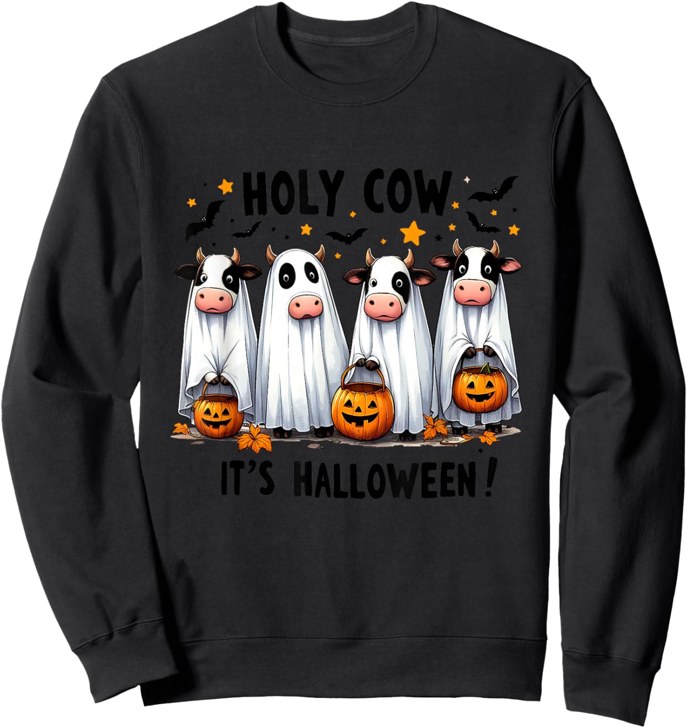 Holy Cow It's Halloween Cute Cow Lover Ghost Sweatshirt - Sweatshirt | Black