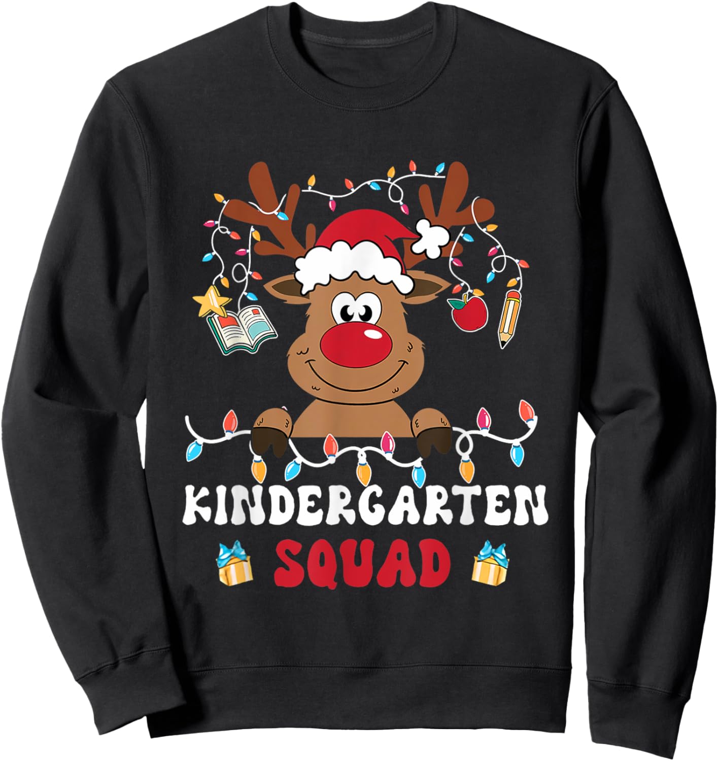 Kindergarten Squad Plaid Reindeer Santa Teacher Christmas Sweatshirt - Sweatshirt | Black