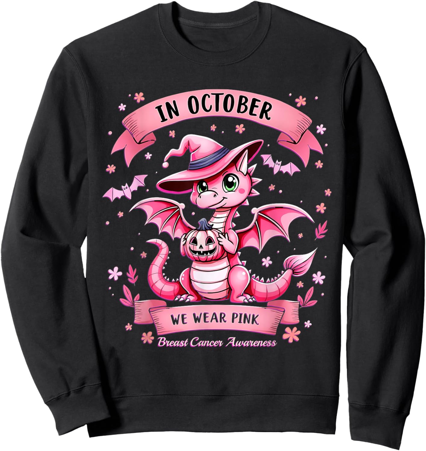 October We Wear Pink Breast Cancer Awareness Dragon Sweatshirt - Sweatshirt | Black