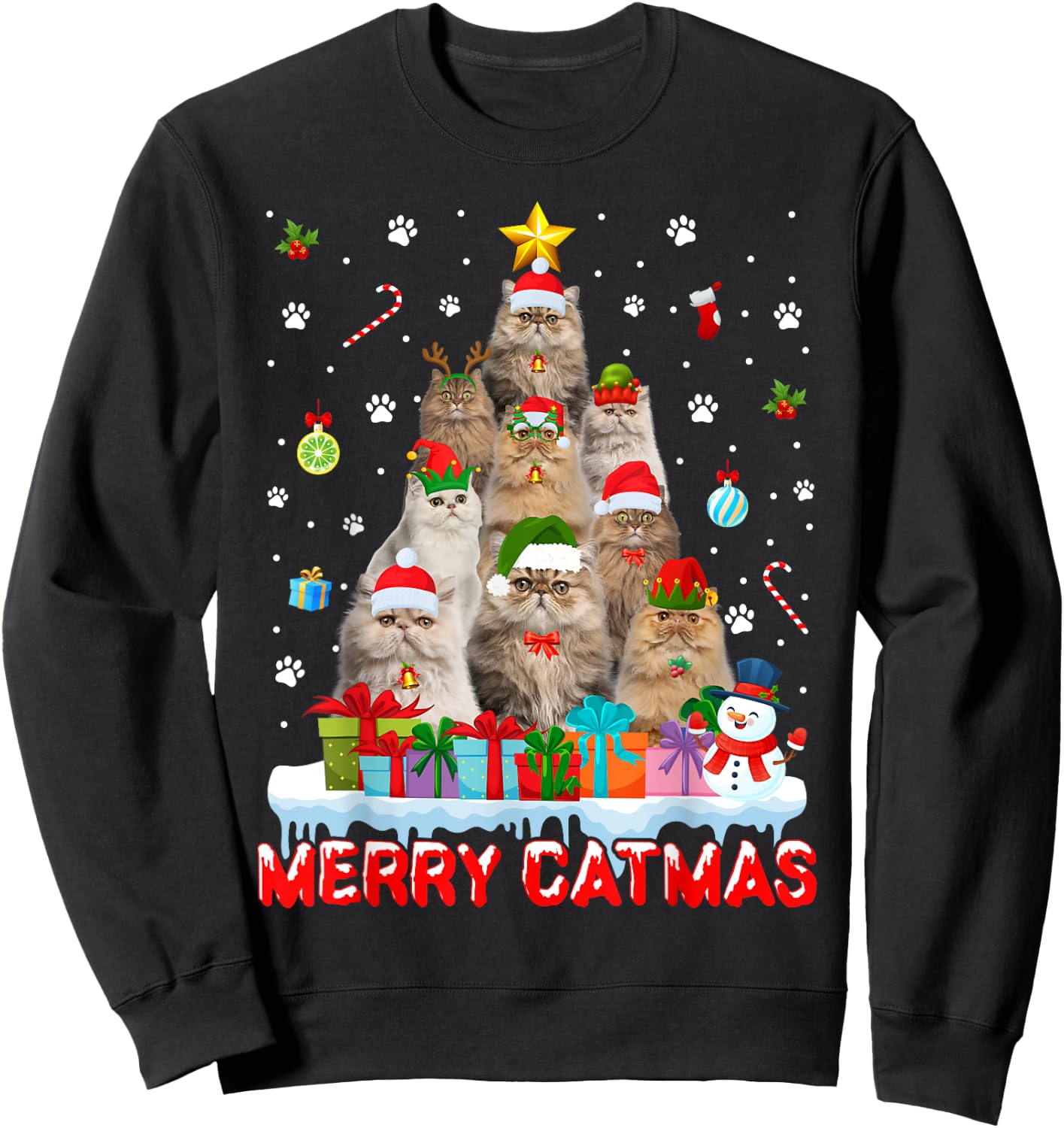 Funny Persian Cat Lovers Cute Holiday Christmas Tree Sweatshirt - Sweatshirt | Black