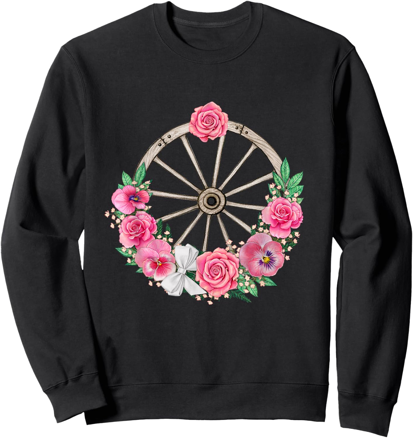 Country Wagon Wheel with Pink Roses and Panses Sweatshirt - Sweatshirt | Black
