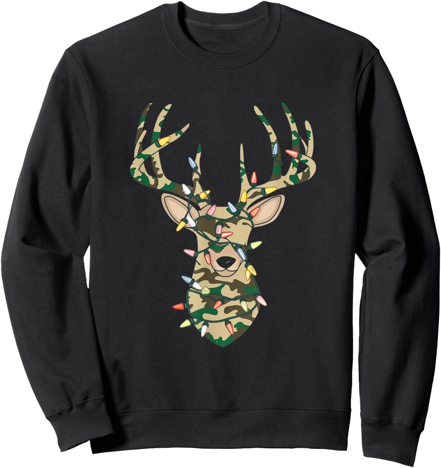 Christmas Camo Holiday Hunting Reindeer Deer Xmas Lights Sweatshirt - Sweatshirt | Black