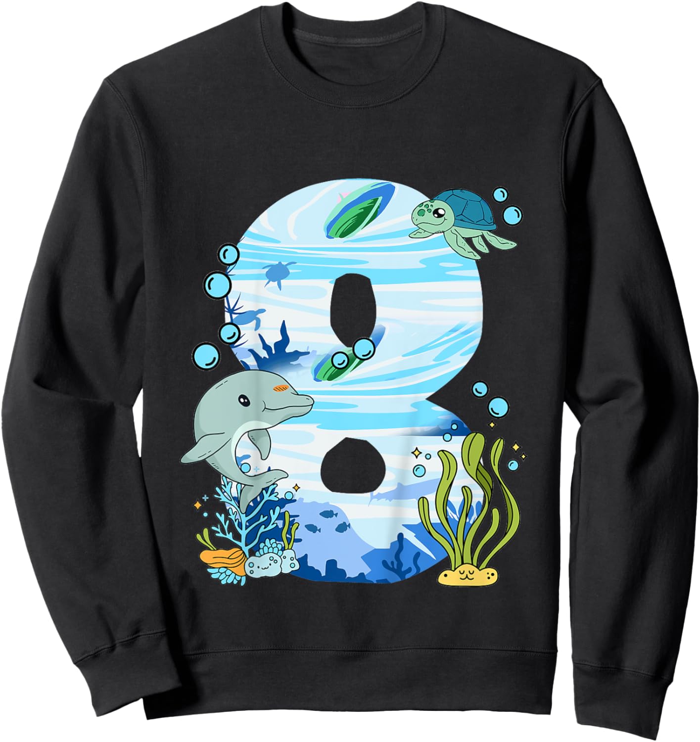 Underwater 8 Years Old - Dolphin And Turtle 8th Birthday Sweatshirt - Sweatshirt | Black