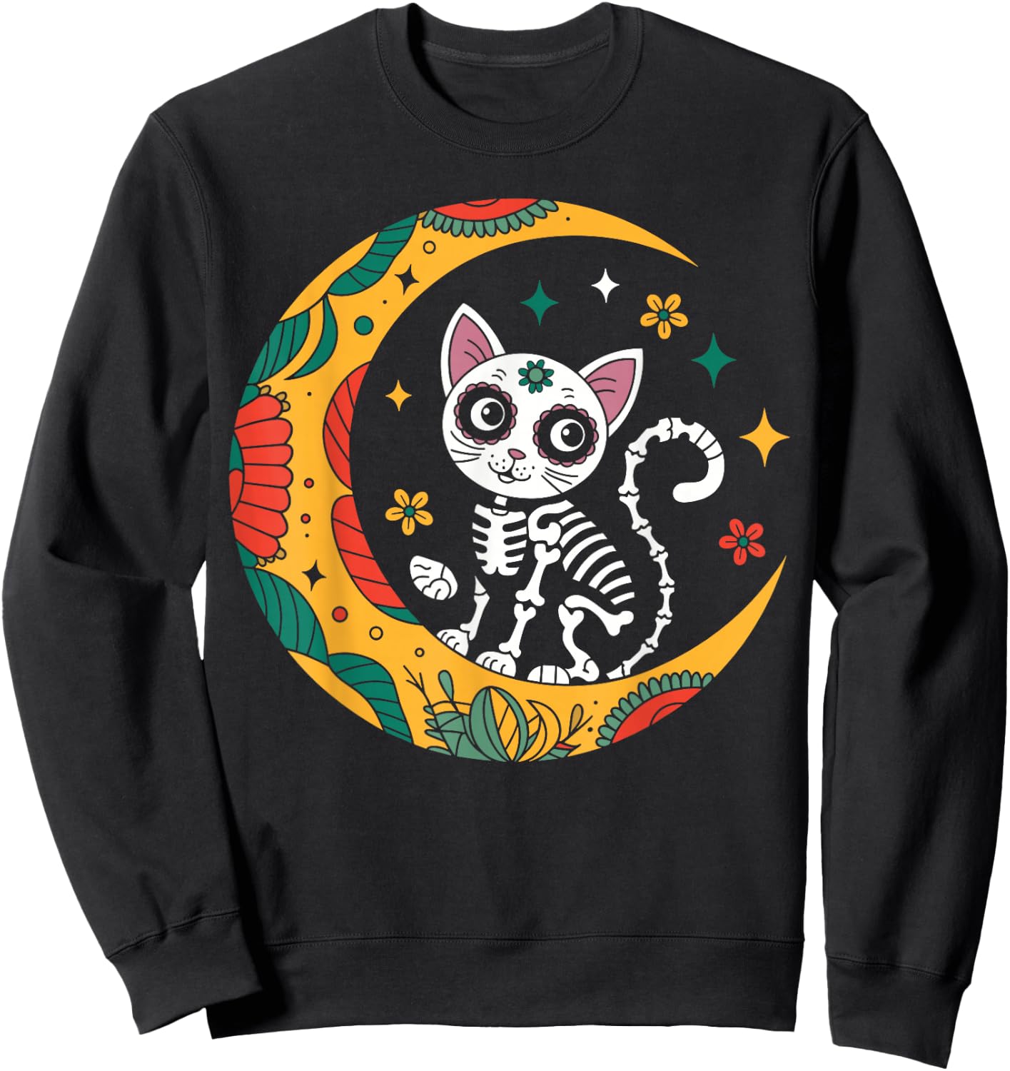 Cat And Moon Skull Dia De Los Muertos Day Of The Dead Sweatshirt - Sweatshirt | Black