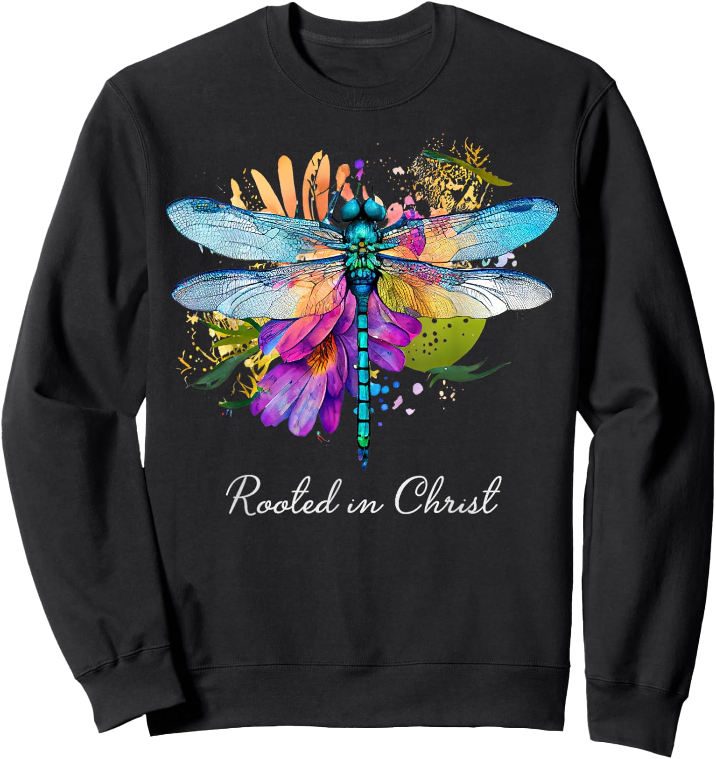 Rooted in Christ Floral Dragonfly Christian Summer Women Girls Kids Sweatshirt - Sweatshirt | Black