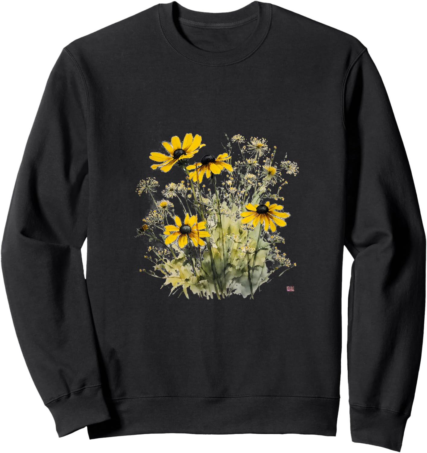 Mother's Day Watercolor Wildflowers Black Eyed Susan Sweatshirt - Sweatshirt | Black