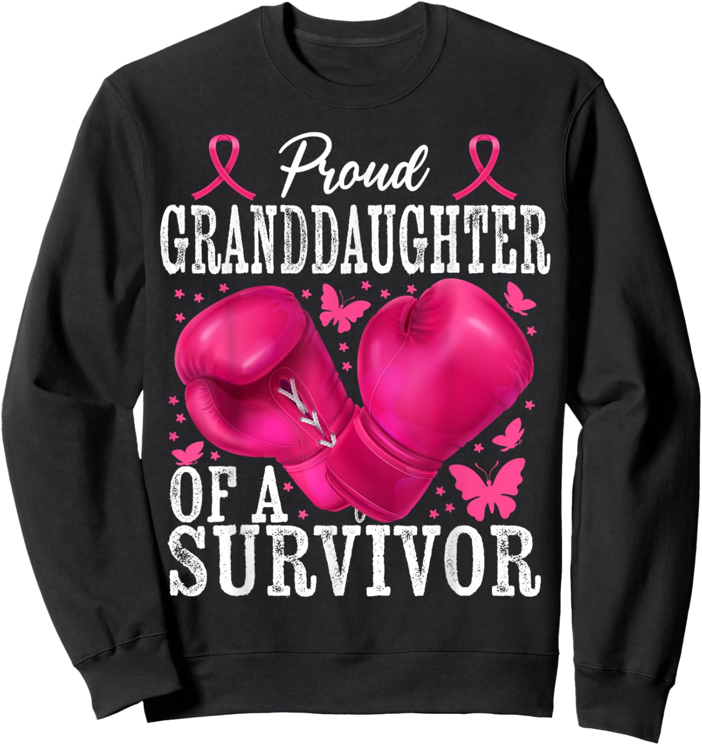 Proud Granddaughter Survivor Breast Cancer Boxing Glove Pink Sweatshirt - Sweatshirt | Black