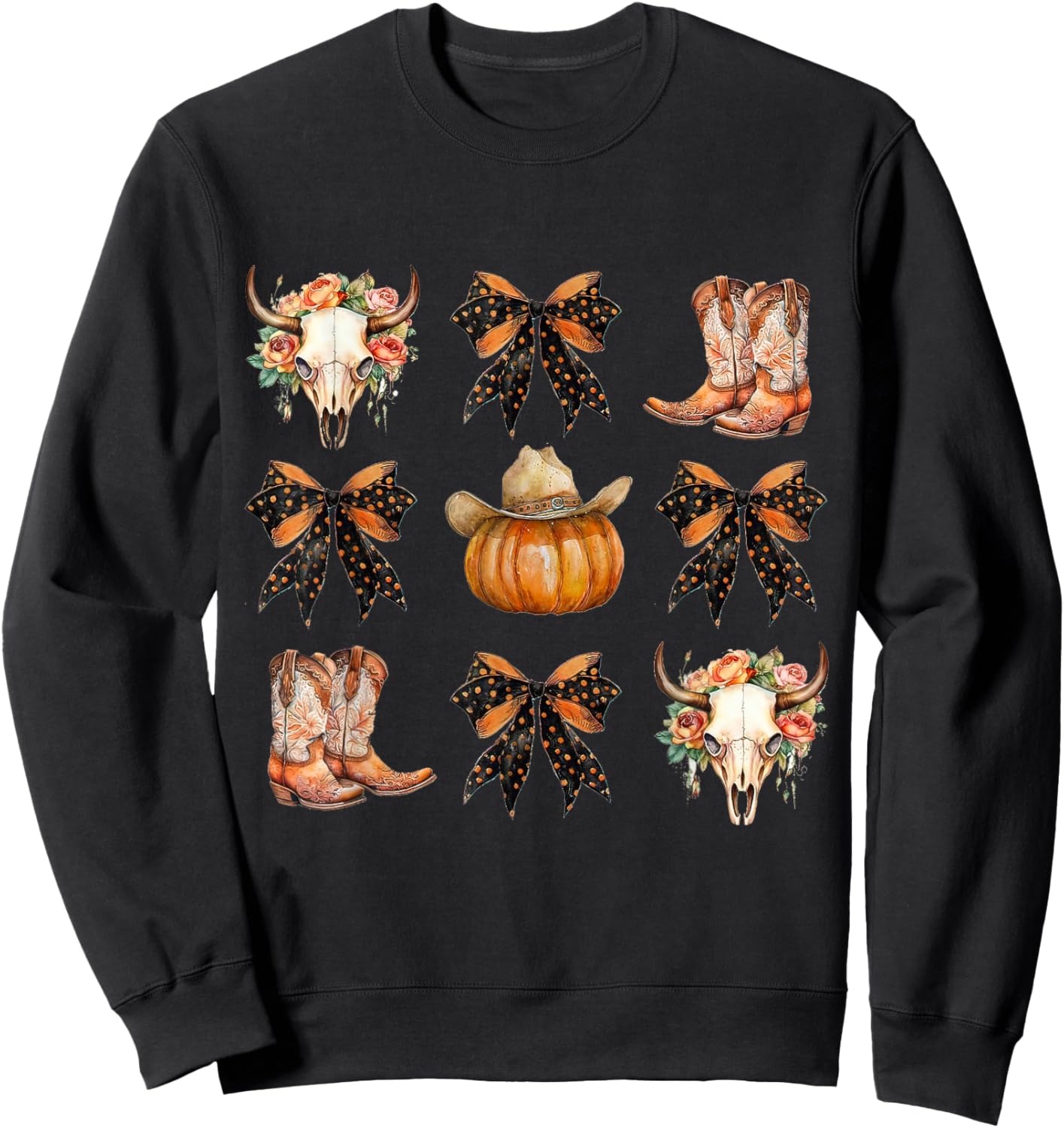 Coquette Bow Halloween, Skull Western Autumn, Howdy Pumpkin Sweatshirt - Sweatshirt | Black