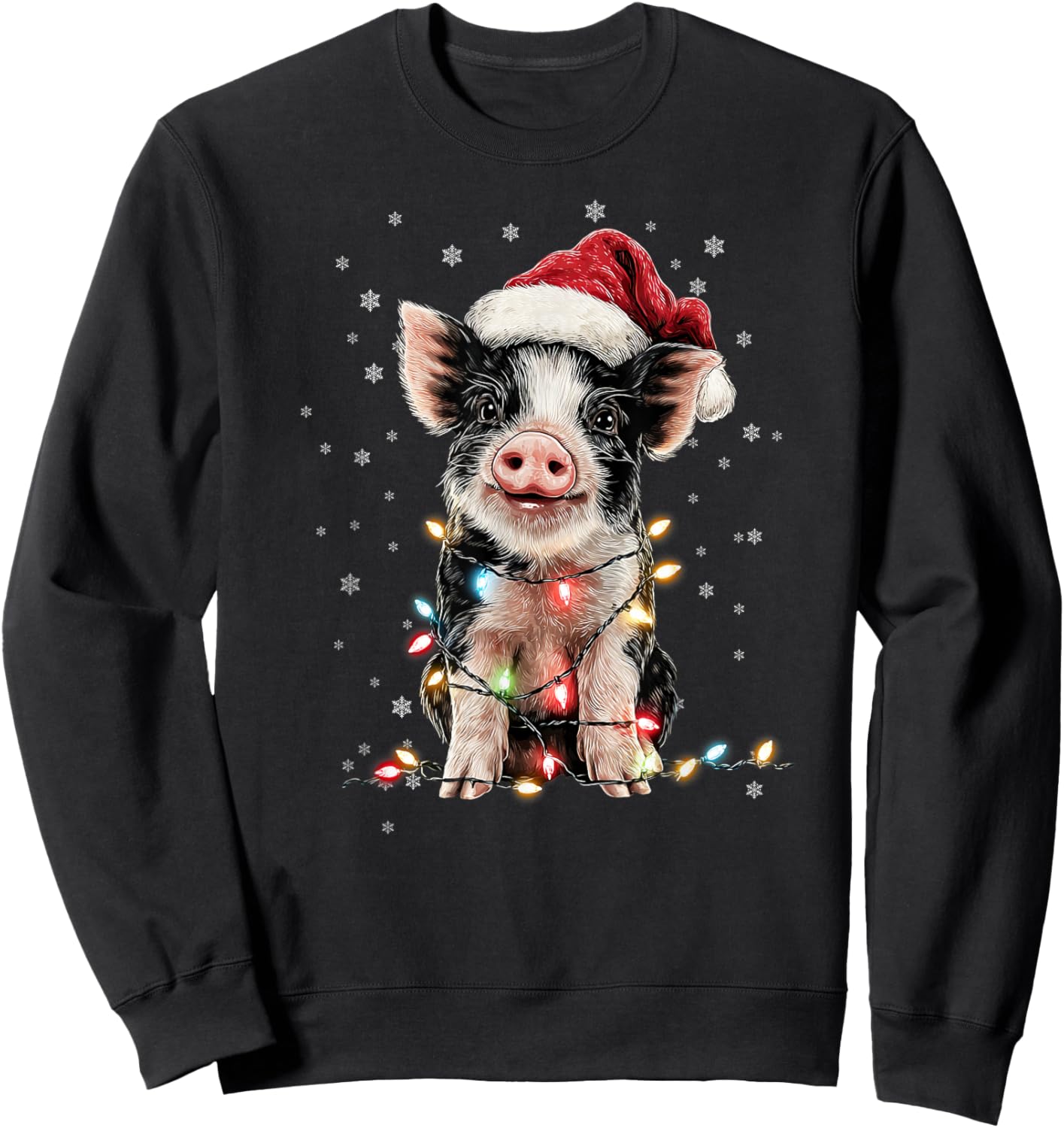 Christmas Lights Santa Hat Xmas Pajamas Pig Lover Sweatshirt - Sweatshirt | Black