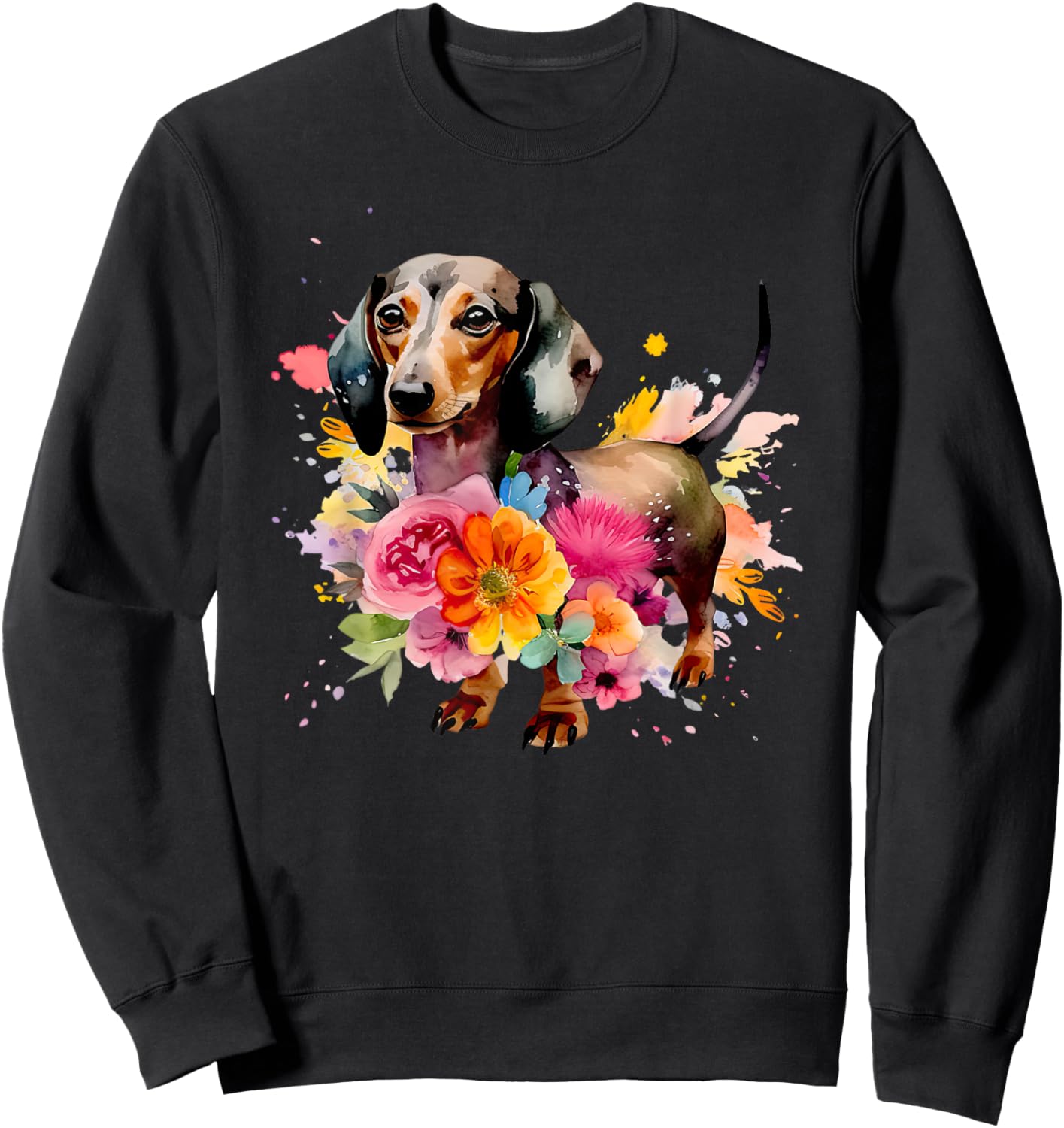 Dachshund Watercolor art Dog Dog breed woman kids floral Sweatshirt - Sweatshirt | Black