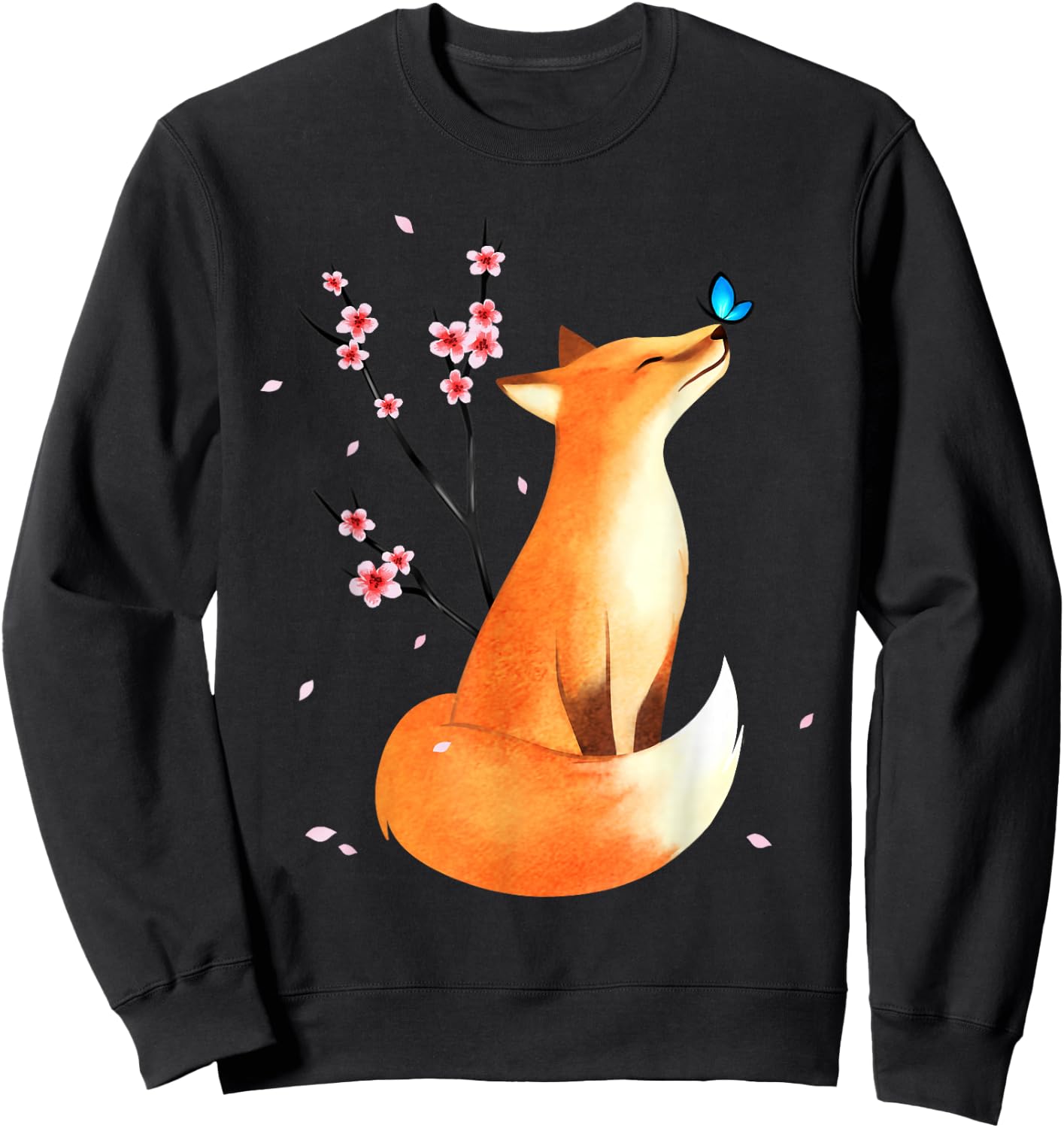 Fox Japanese Cherry Blossom Flower Vintage Gift Sweatshirt - Sweatshirt | Black