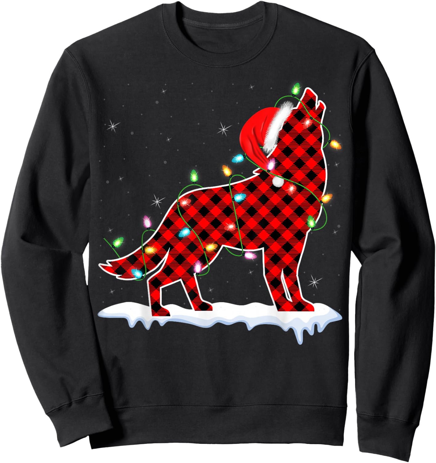 Santa Wolf Xmas Lighting Buffalo Plaid Wolf Christmas Pajama Sweatshirt - Sweatshirt | Black