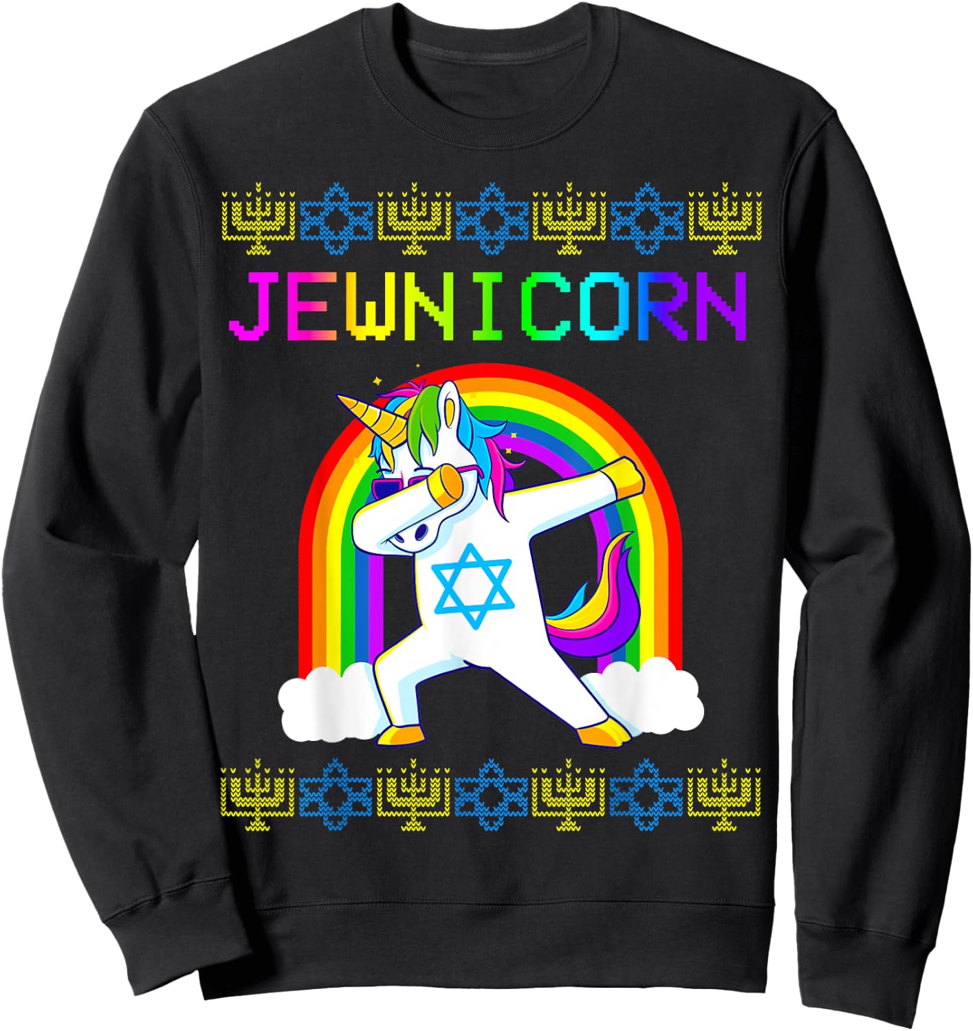 Jewnicorn Ugly Hanukkah Sweater Dabbing Unicorn Chanukah Sweatshirt - Sweatshirt | Black