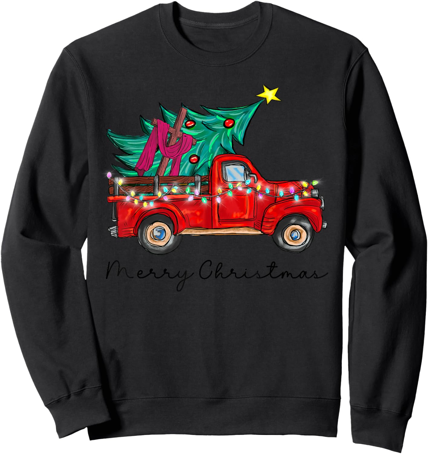 Vintage Wagon Red Truck Christmas Tree Pajama Xmas Sweatshirt - Sweatshirt | Black