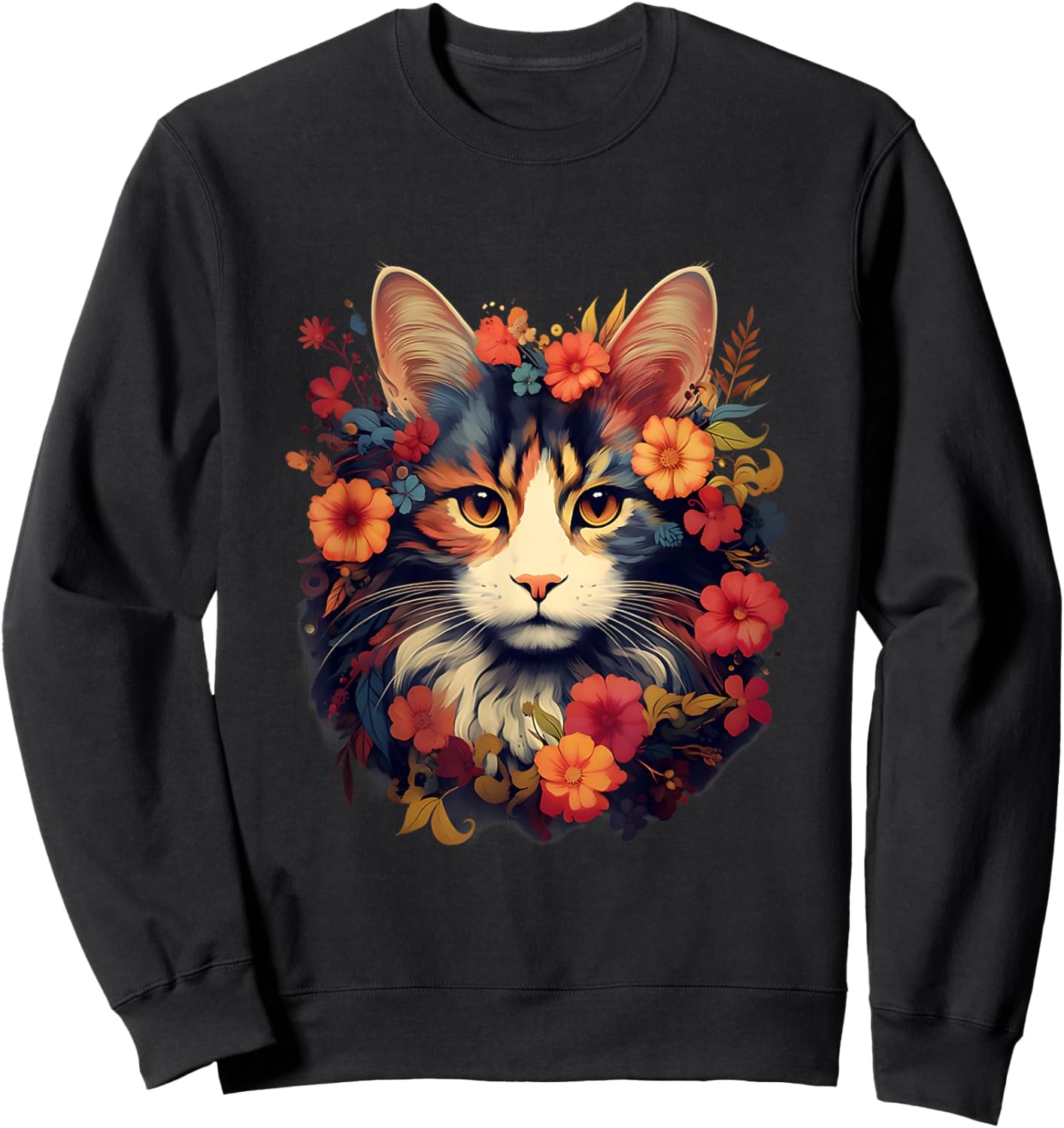 Floral Cat Shirt for Cat Mom, Women and Girls Who Love Cats Sweatshirt - Sweatshirt | Black
