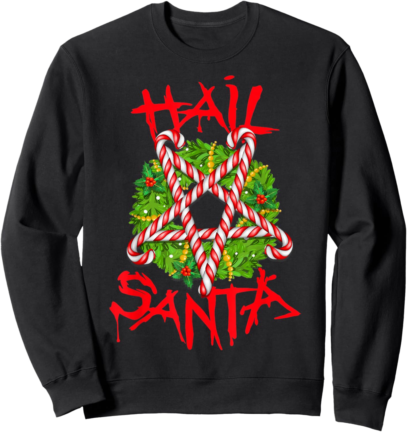 Christmas Hail Santa Candy Cane Pentagram Evil Krampus Satan Sweatshirt - Sweatshirt | Black