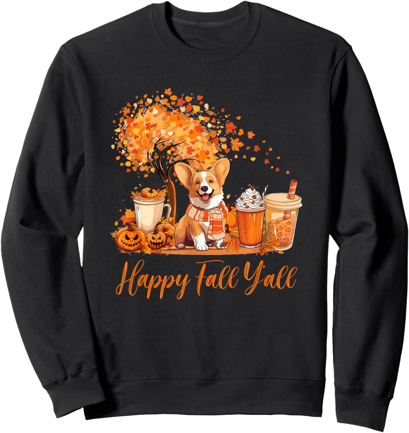 Happy Fall Y'all Corgi Autumn Pumpkin Spice Latte Sweatshirt - Sweatshirt | Black