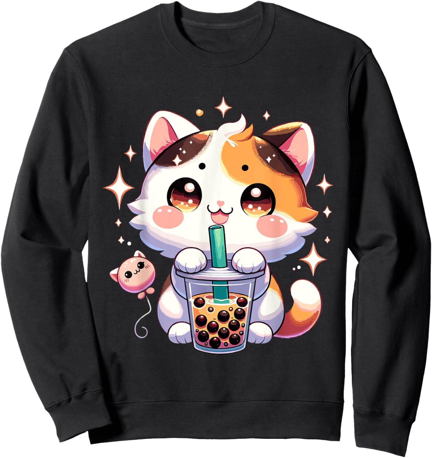 Cat Boba Japanese Kawaii Anime Kitty Bubble Tea Neko Teen Sweatshirt - Sweatshirt | Black