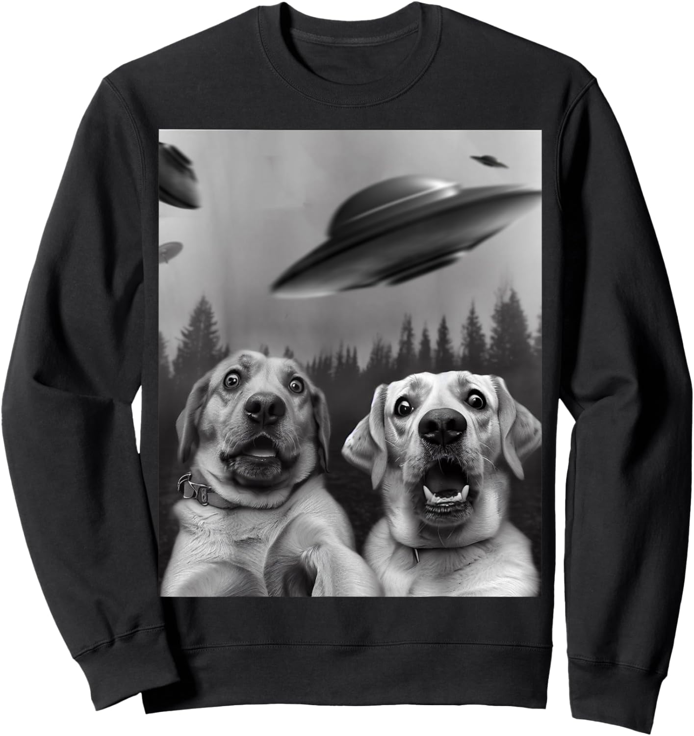 "Labrador Selfie" Funny Two Scaredy-Dogs and UFOs in Forest Sweatshirt - Sweatshirt | Black
