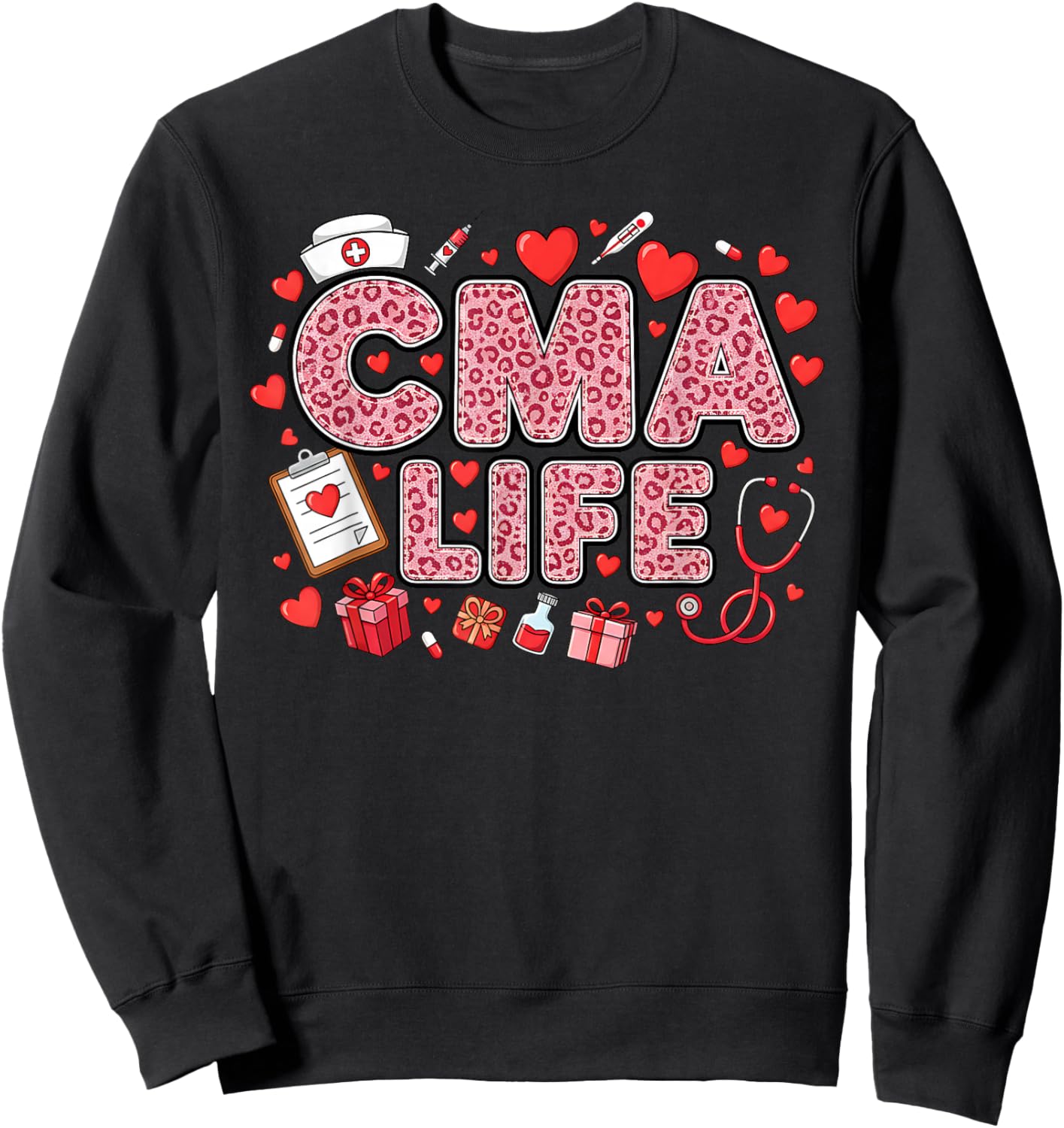 Funny Nurse CMA Life Leopard Stethoscope Valentine's Day Sweatshirt - Sweatshirt | Black