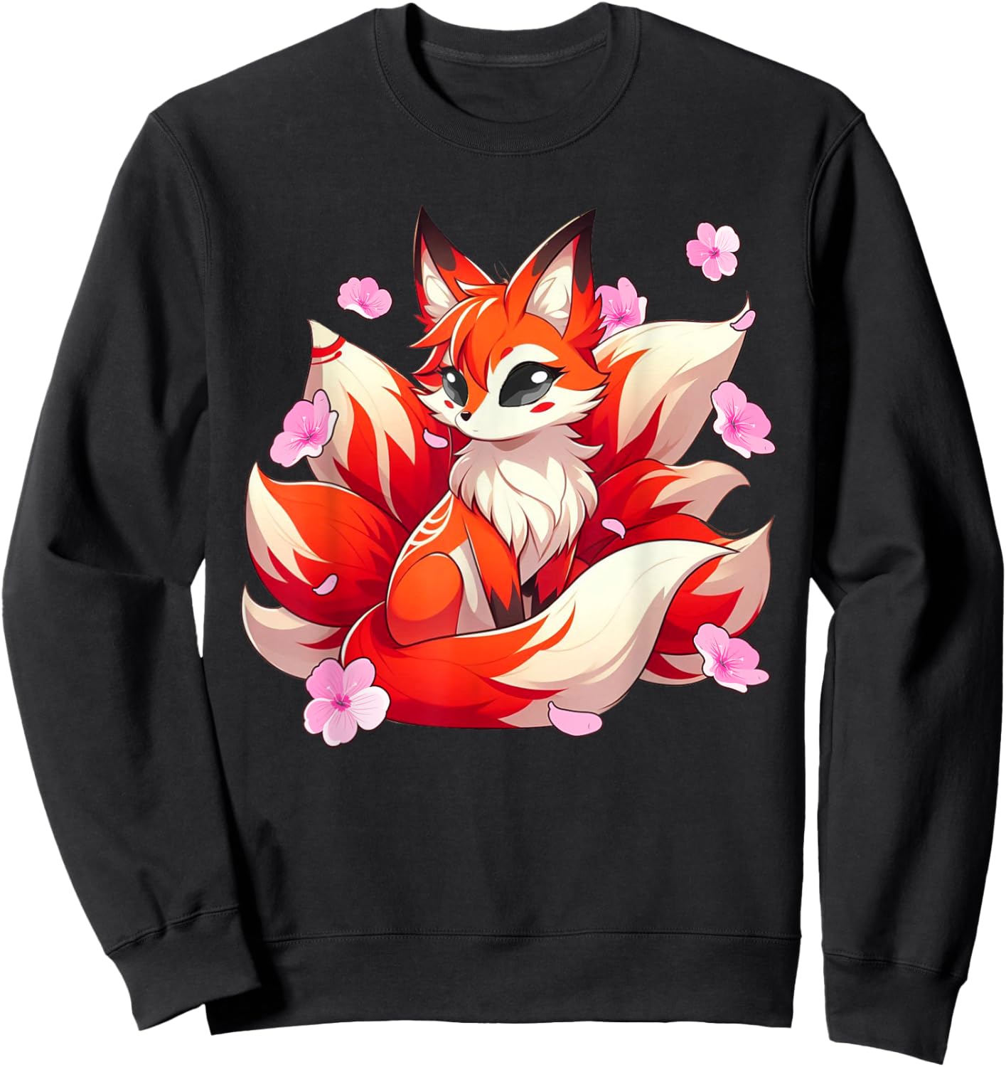 Japanese Kawaii Kitsune Nine Tail Fox Cherry Blossom Flowers Sweatshirt - Sweatshirt | Black