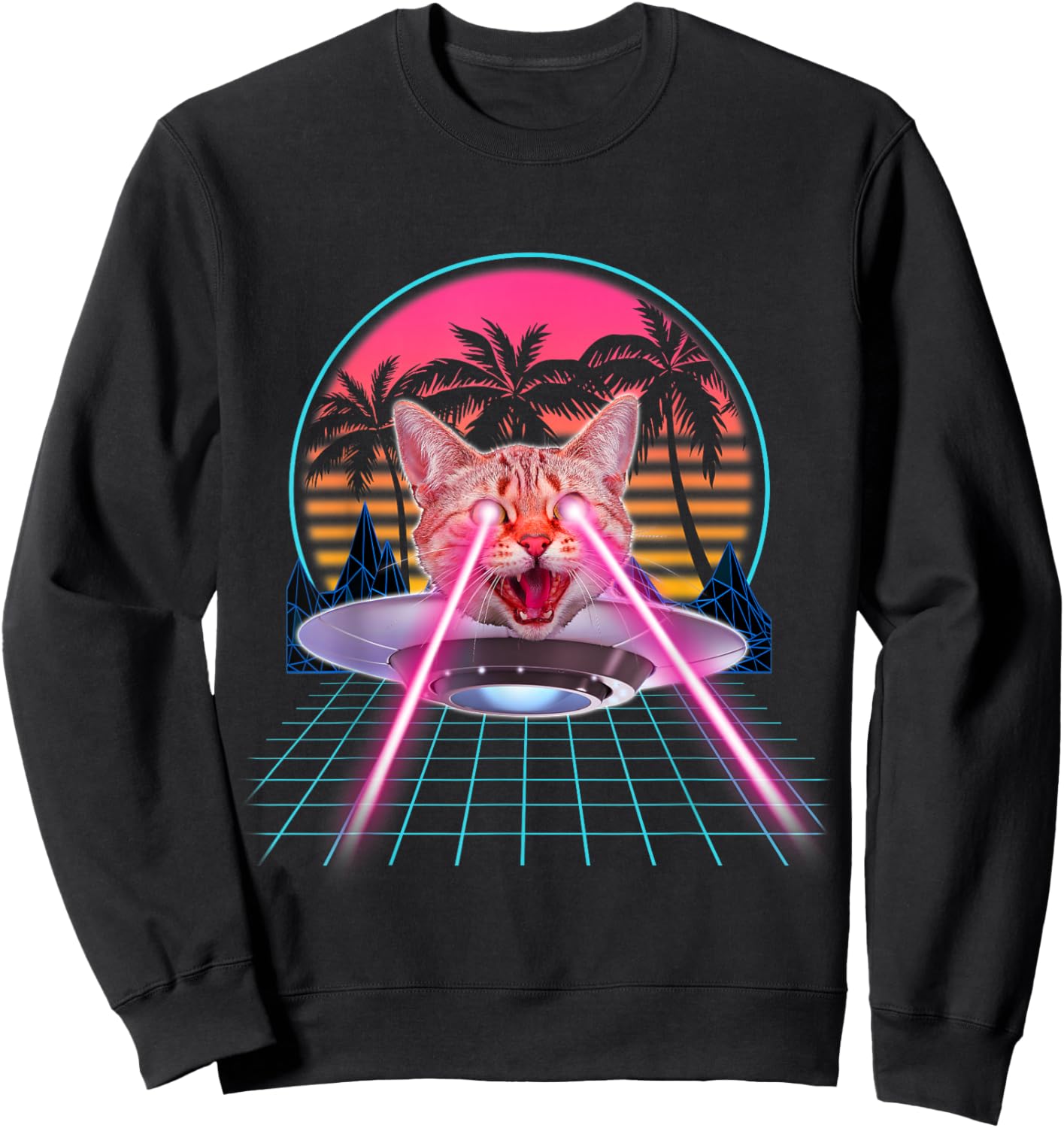 Laser Cat Eyes Kitten UFO Retro 80s Funny Cats Lovers Sweatshirt - Sweatshirt | Black