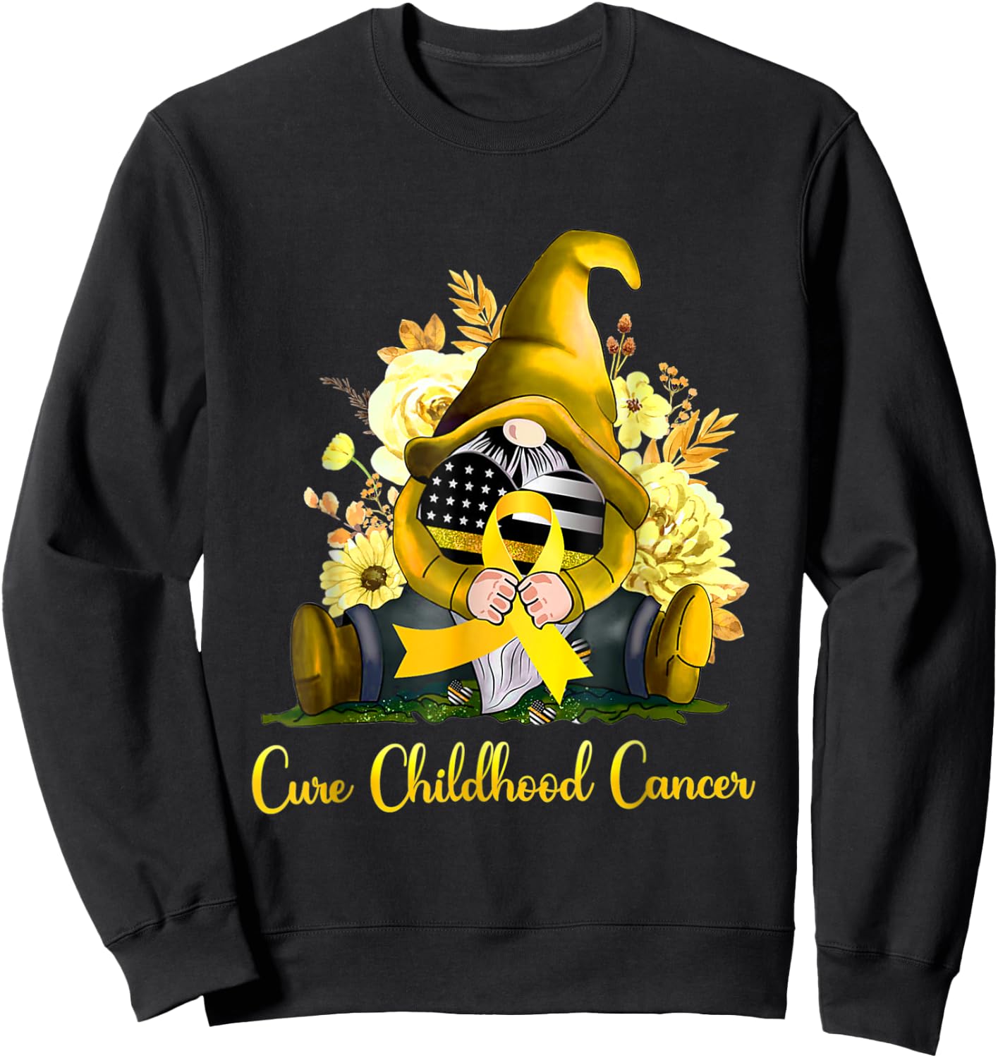 Cure Childhood Cancer Awareness Gold Ribbon Gnome Sunflower Sweatshirt - Sweatshirt | Black
