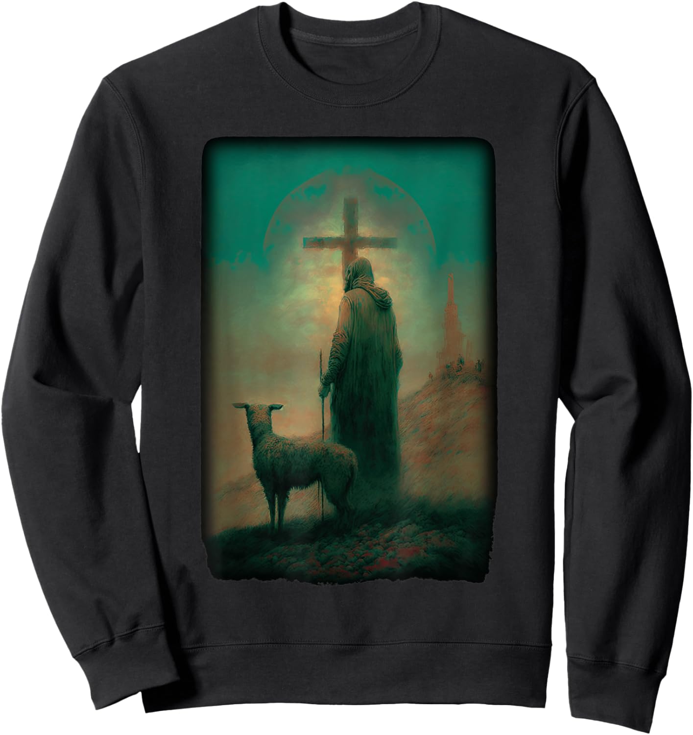 Biblical Jesus Lamb of God Sheep Shepard with Cross Old Art Sweatshirt - Sweatshirt | Black