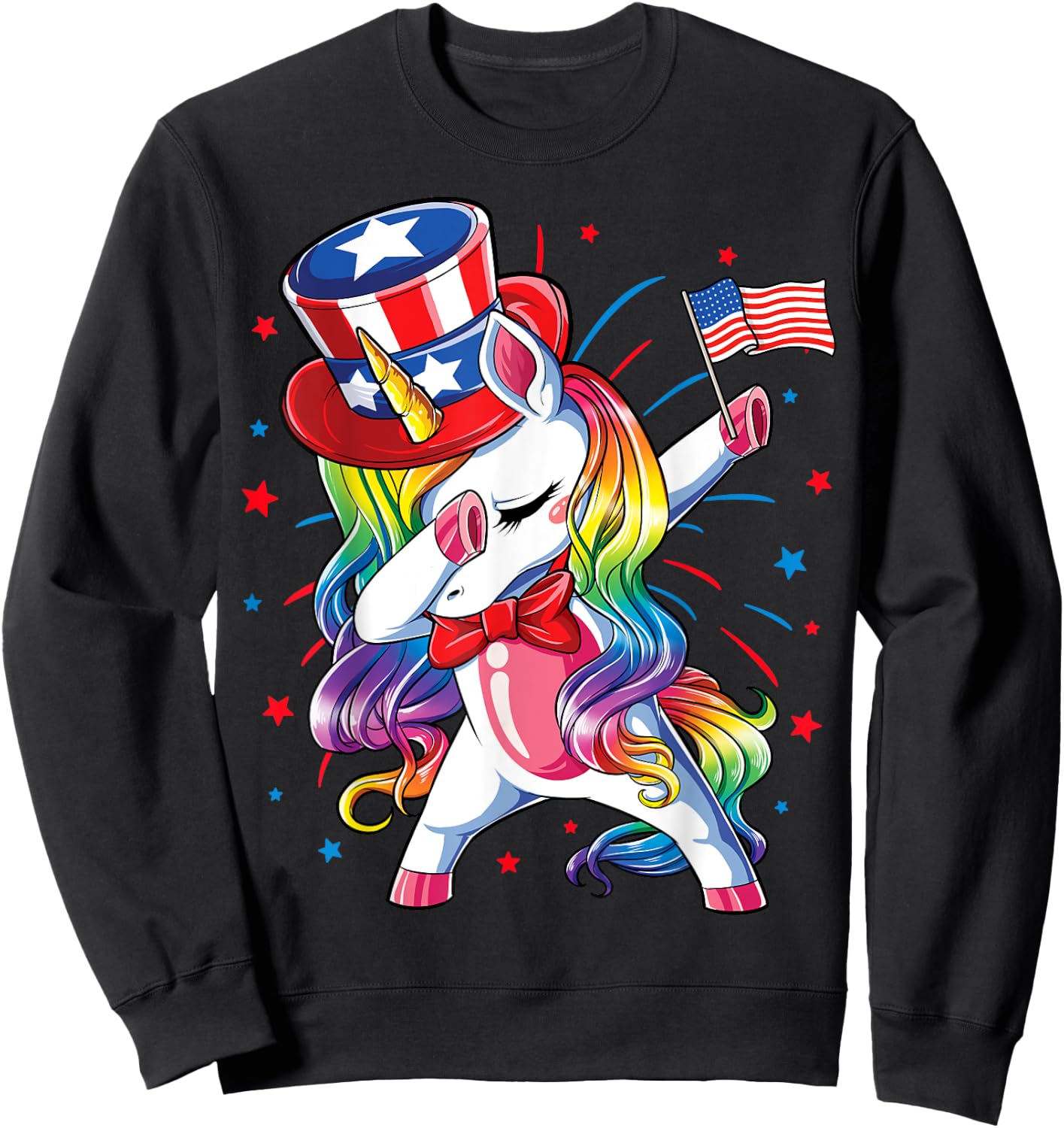 Dabbing Unicorn 4 July Uncle Sam Girls American Sweatshirt - Sweatshirt | Black
