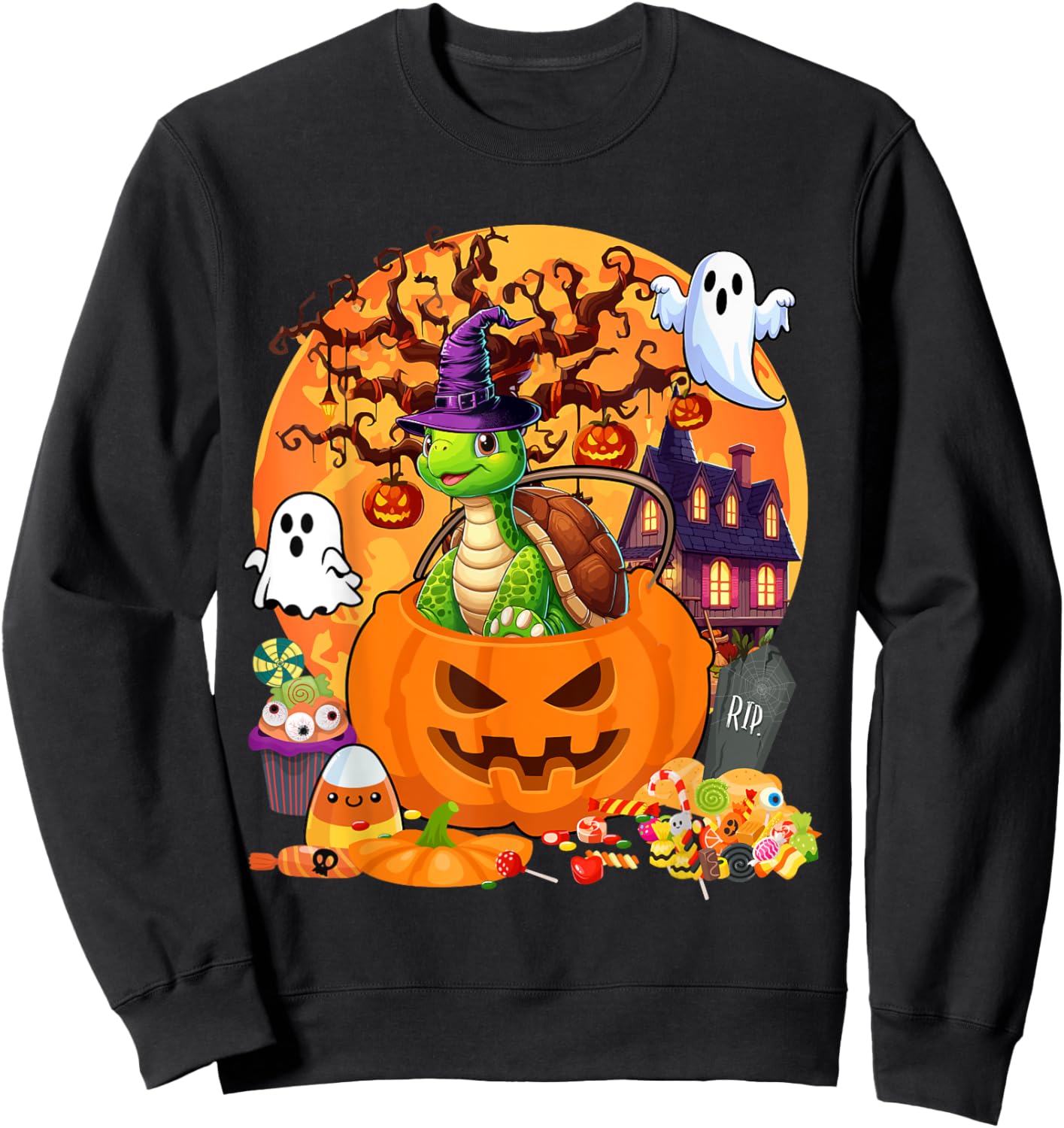 Turtle Cosplay Witch In Carved Pumpkin Basket Halloween Sweatshirt - Sweatshirt | Black