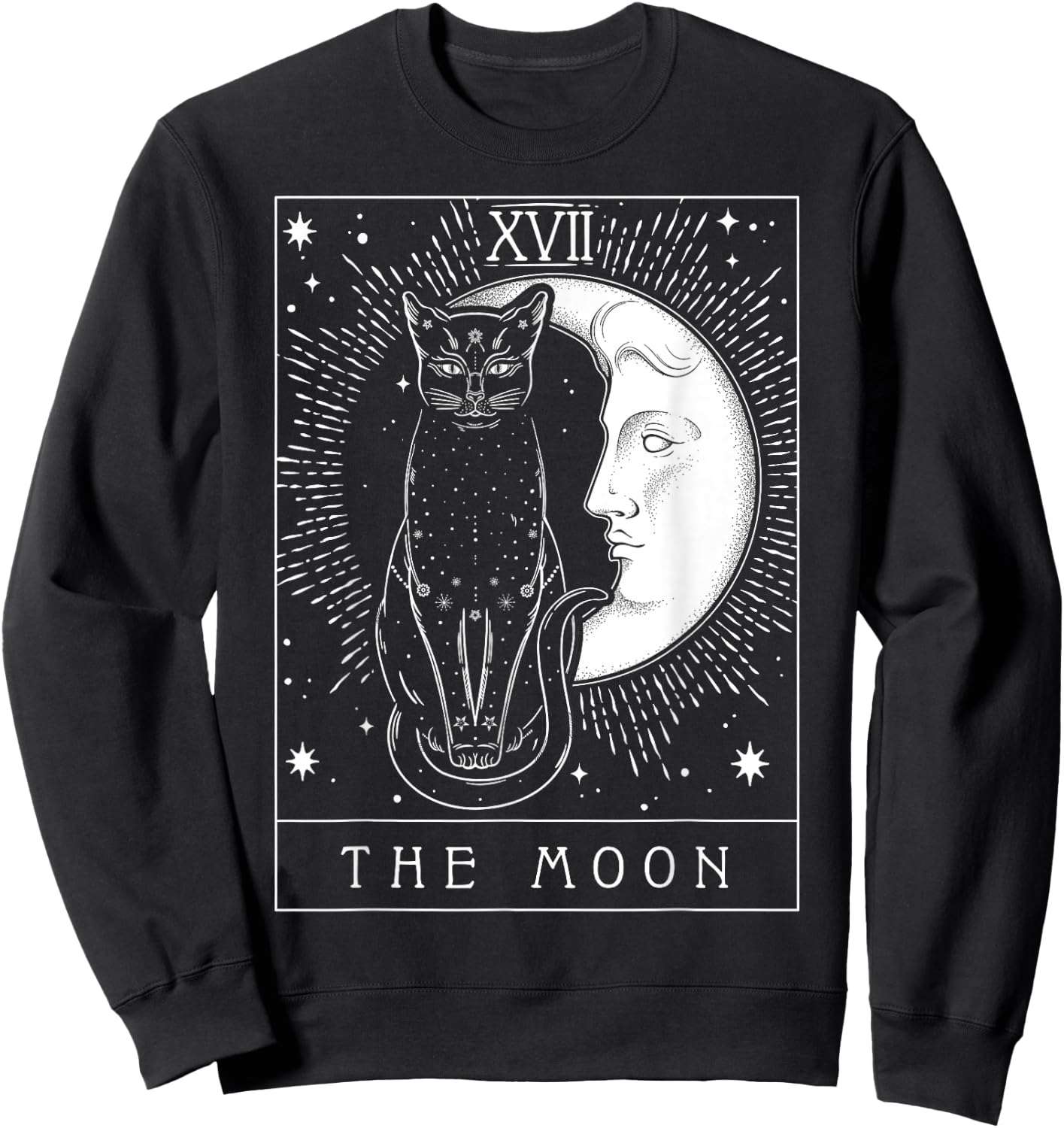 Tarot Card Crescent Moon and Cat Graphic Small Sweatshirt - Sweatshirt | Black