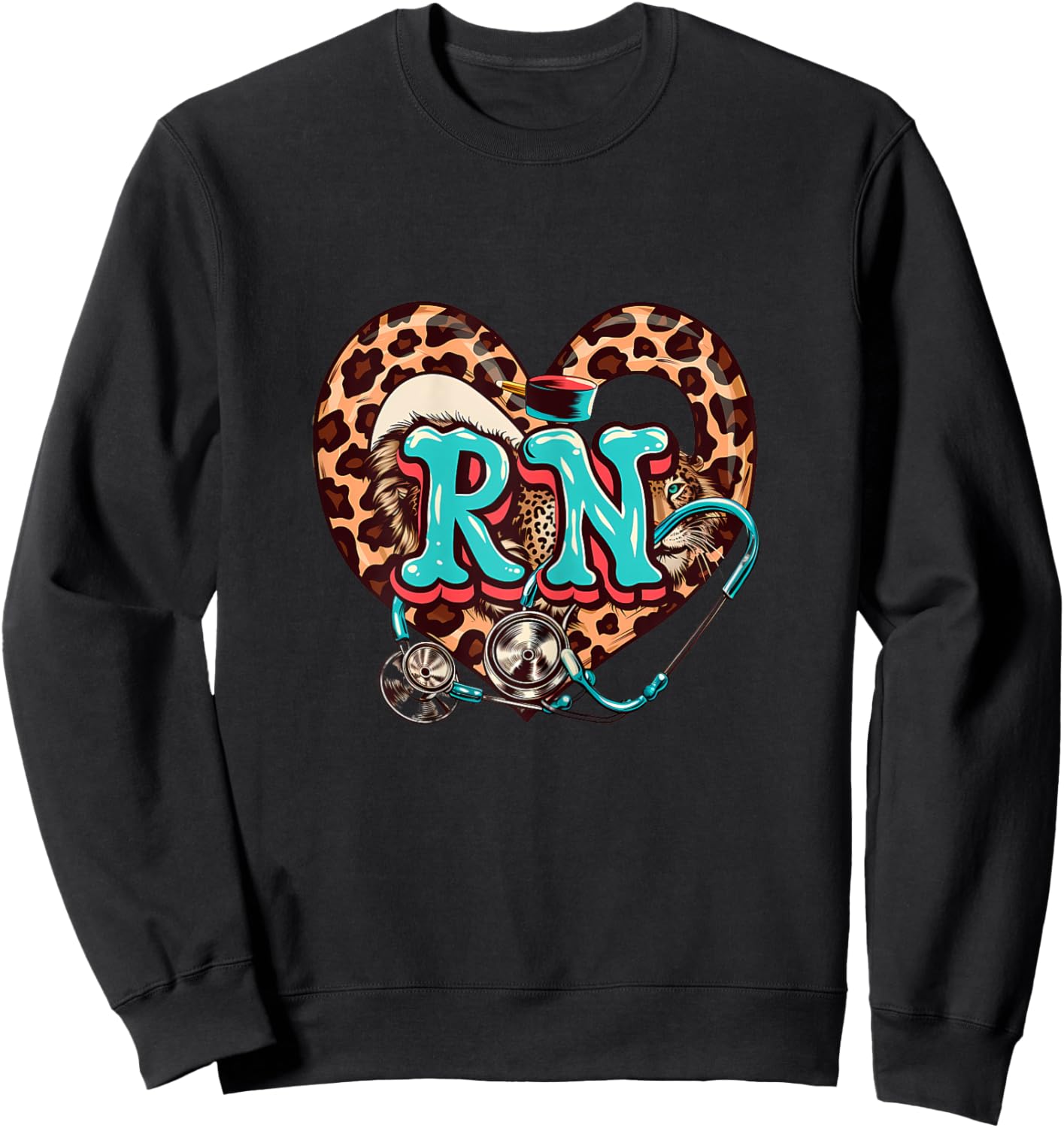 RN Registered Nurse Stethoscope Medical Heart Leopard Sweatshirt - Sweatshirt | Black