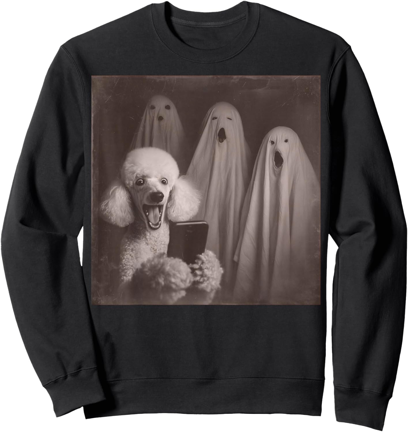 Funny Poodle with Ghosts Retro Halloween Dog Lover Sweatshirt - Sweatshirt | Black