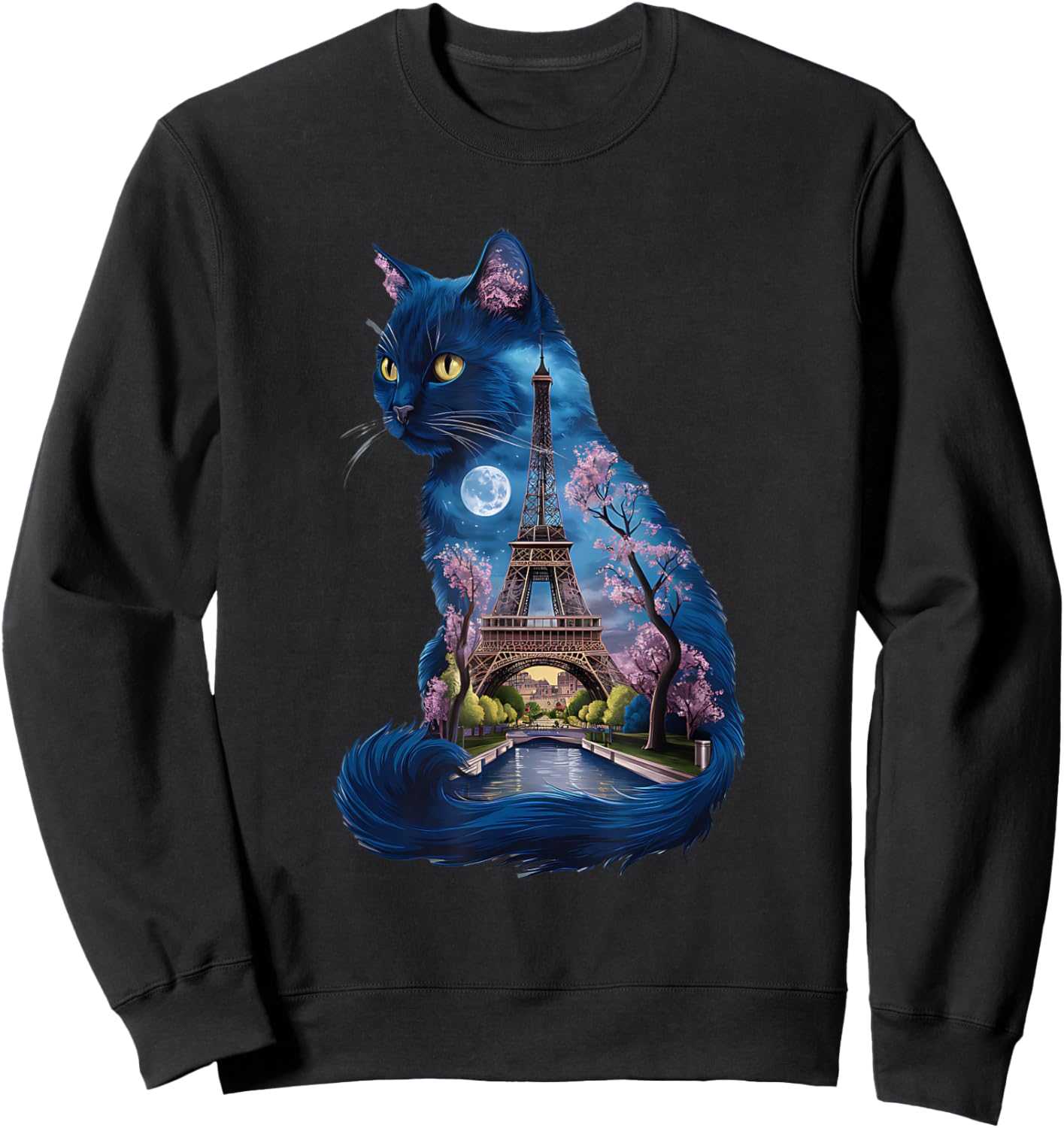 Pretty Parisian Cat Silhouette French Eiffel Tower European , Black, S Sweatshirt - Sweatshirt | Black