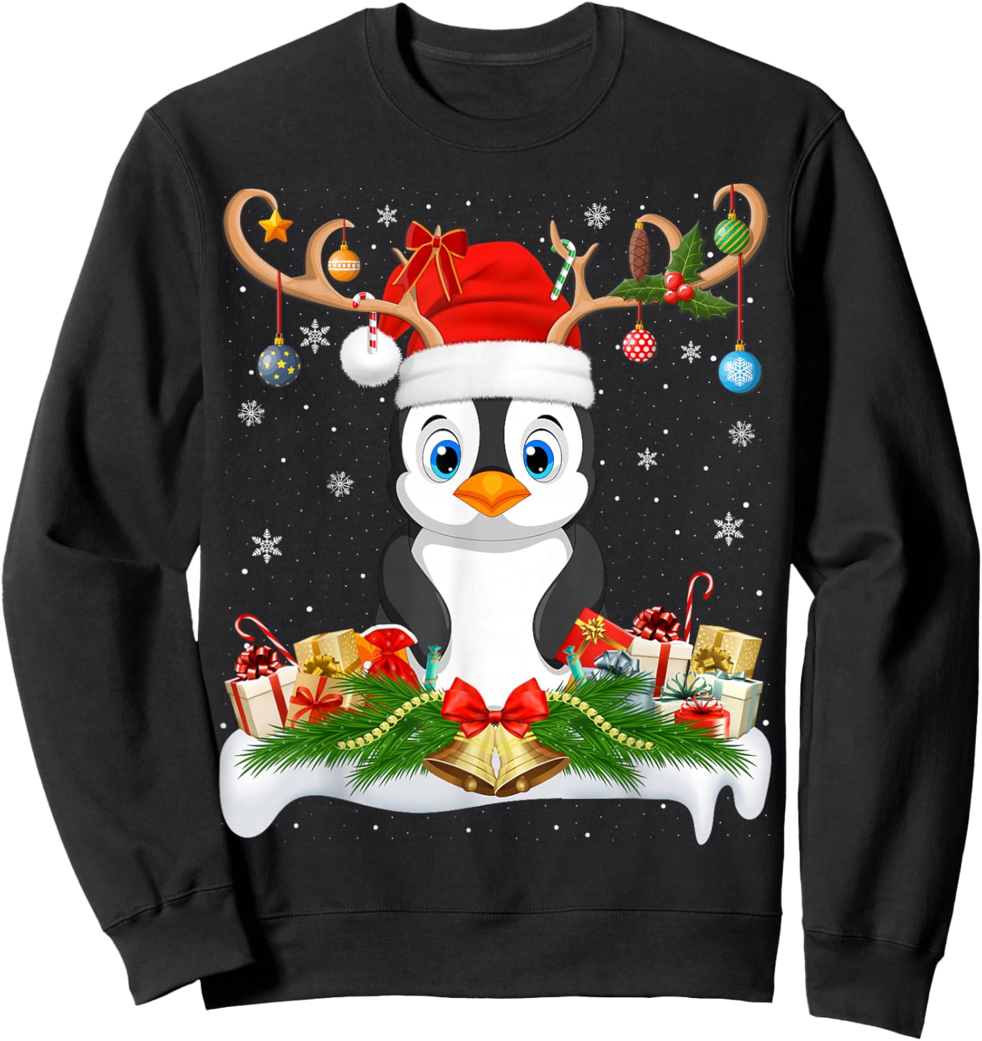Xmas Lighting Reindeer Santa Penguin Christmas Sweatshirt - Sweatshirt | Black