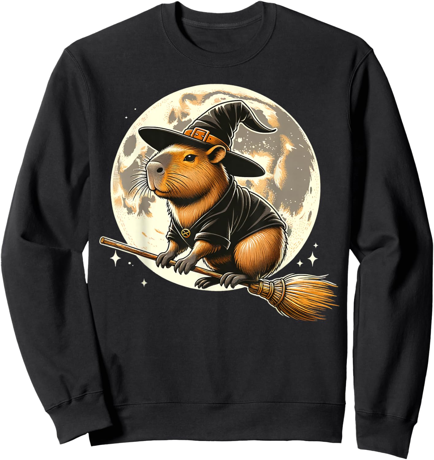 Funny Capybara Rides a Witch's Broom Halloween Spooky Vides Sweatshirt - Sweatshirt | Black