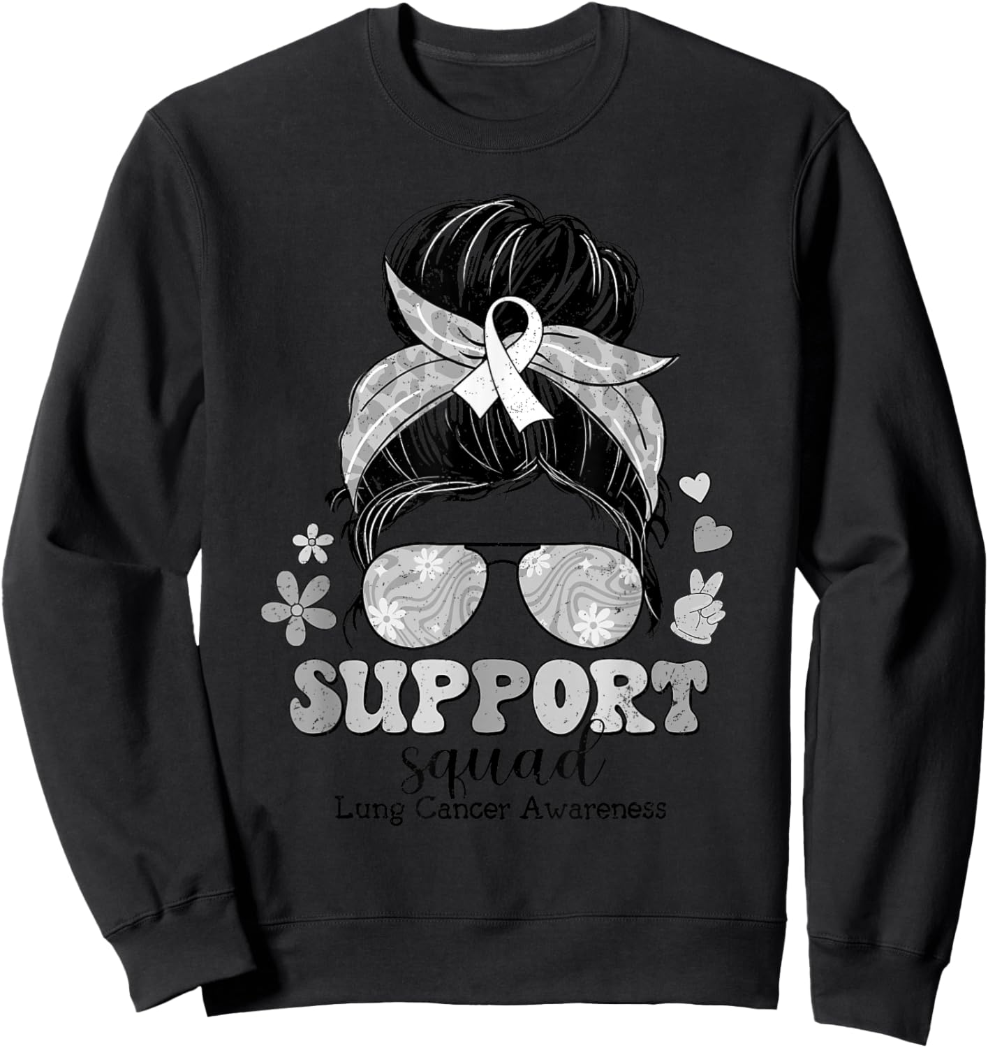 Groovy Support Squad Messy Bun Lung Cancer Awareness Sweatshirt - Sweatshirt | Black