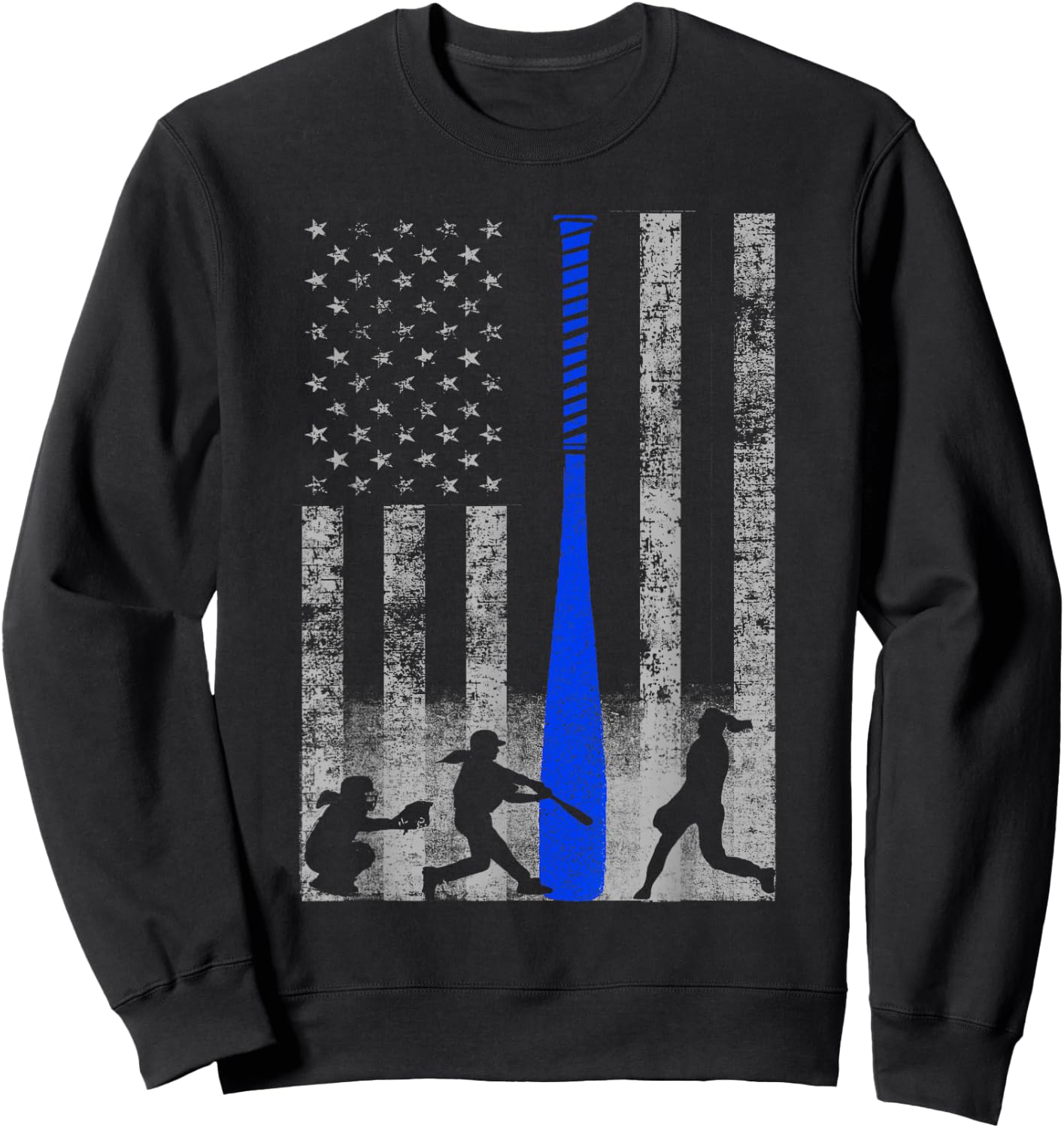 Softball American Flag - Blue Bat and Softball Players Flag Kids Men Sweatshirt - Sweatshirt | Black