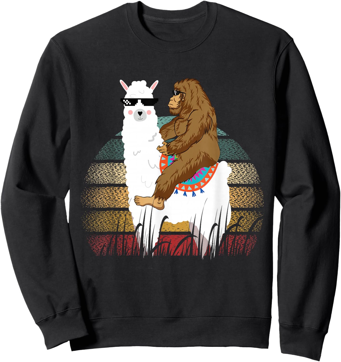 Bigfoot Riding Llama Sasquatch Retro Sweatshirt - Sweatshirt | Black