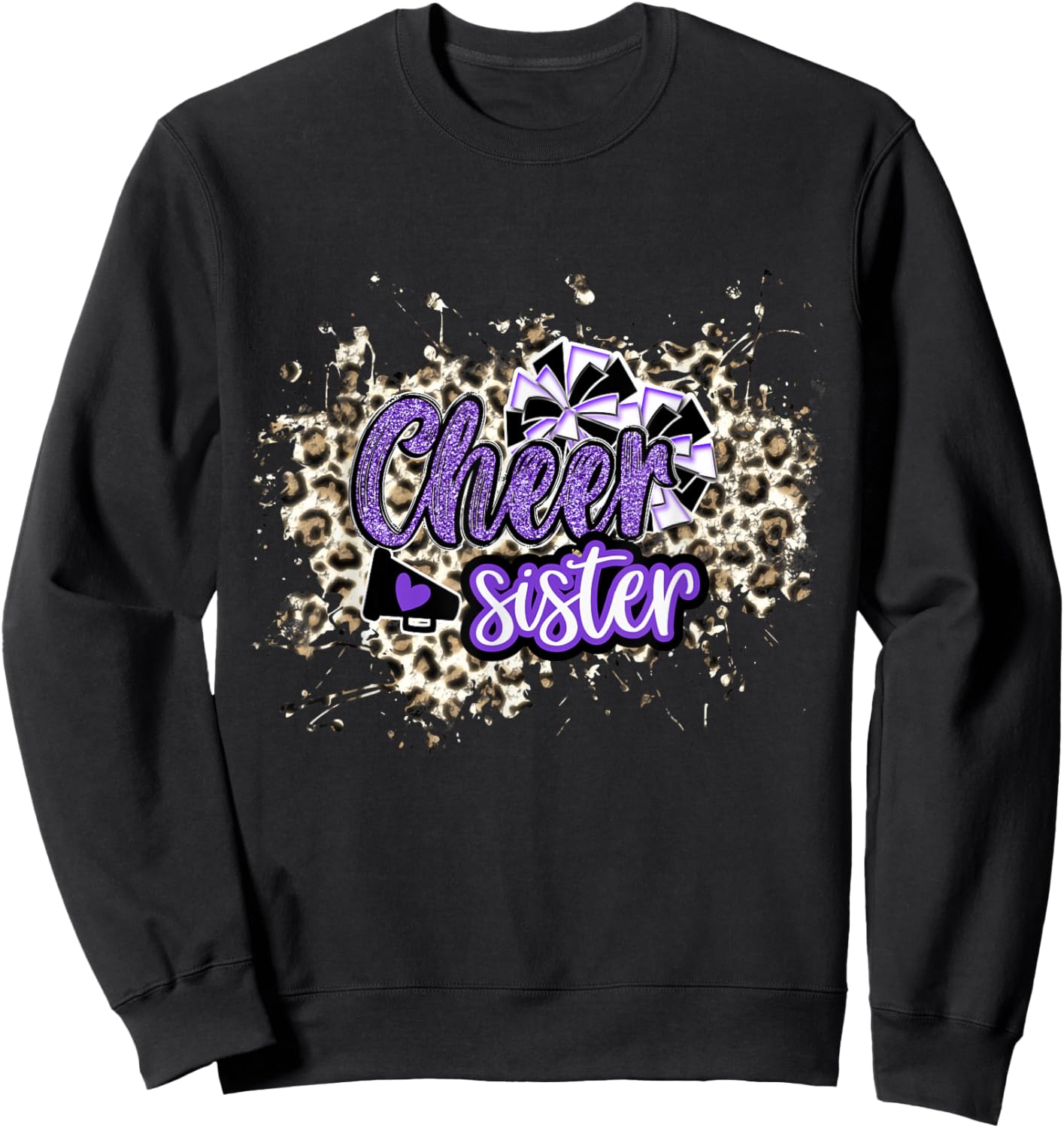Cheer Sister Shirt, Megaphone Purple Leopard Cheetah Print Sweatshirt - Sweatshirt | Black