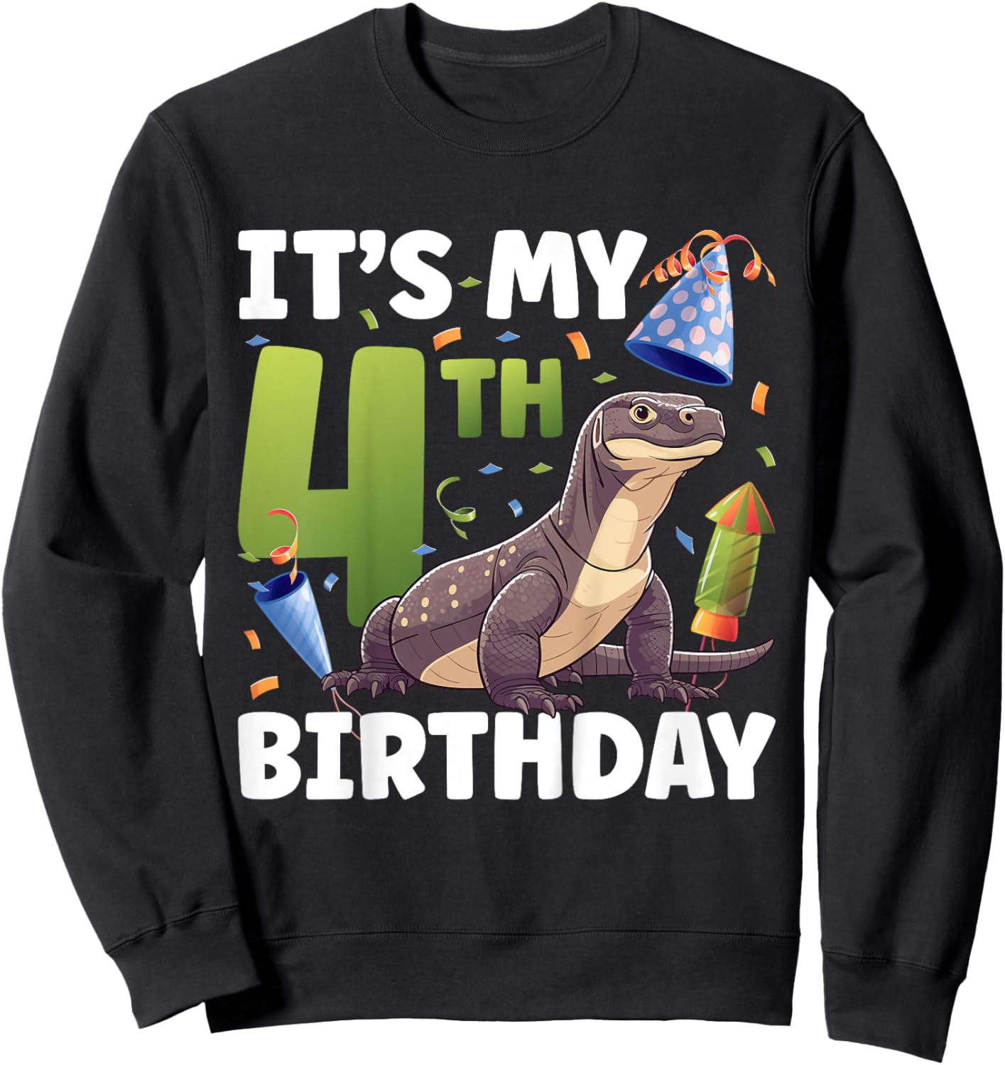 Kids 4th Komodo Dragon Birthday Party Four Year Old Komodo Dragon Sweatshirt - Sweatshirt | Black