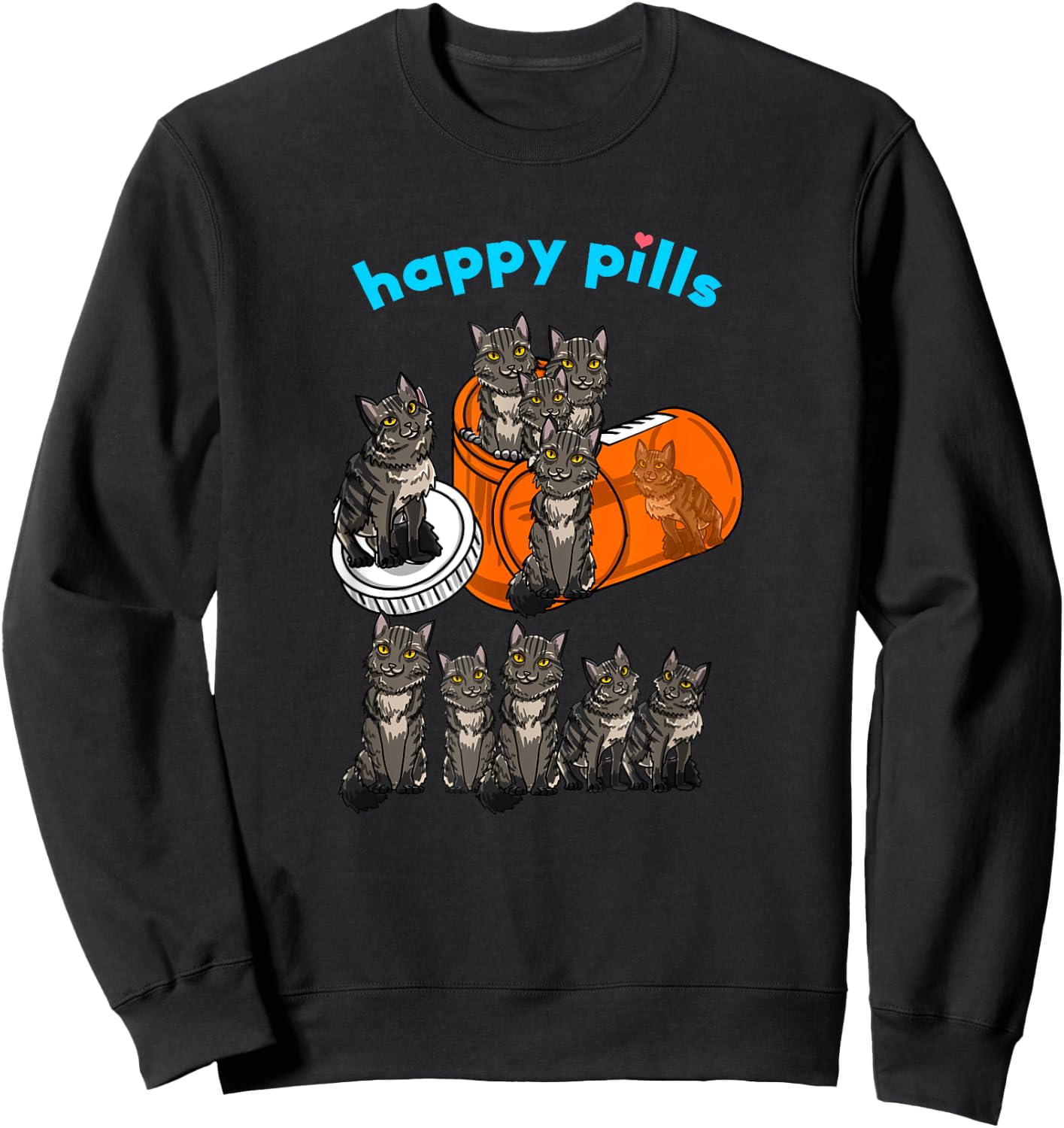 Happy Pills Maine Coon Funny Kitten Feline Cat Lover Gift Men Women Girls Kids Sweatshirt - Sweatshirt | Black