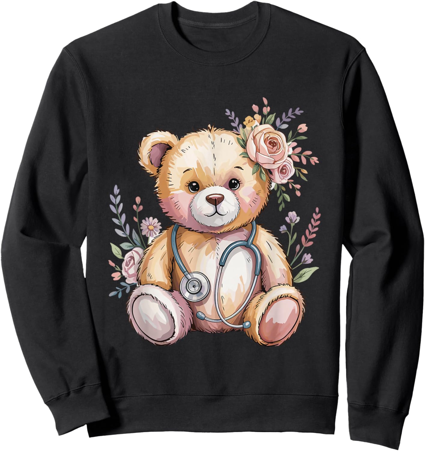 Floral Teddy Bear Flower Kids Doctor Pediatric Nurse Sweatshirt - Sweatshirt | Black